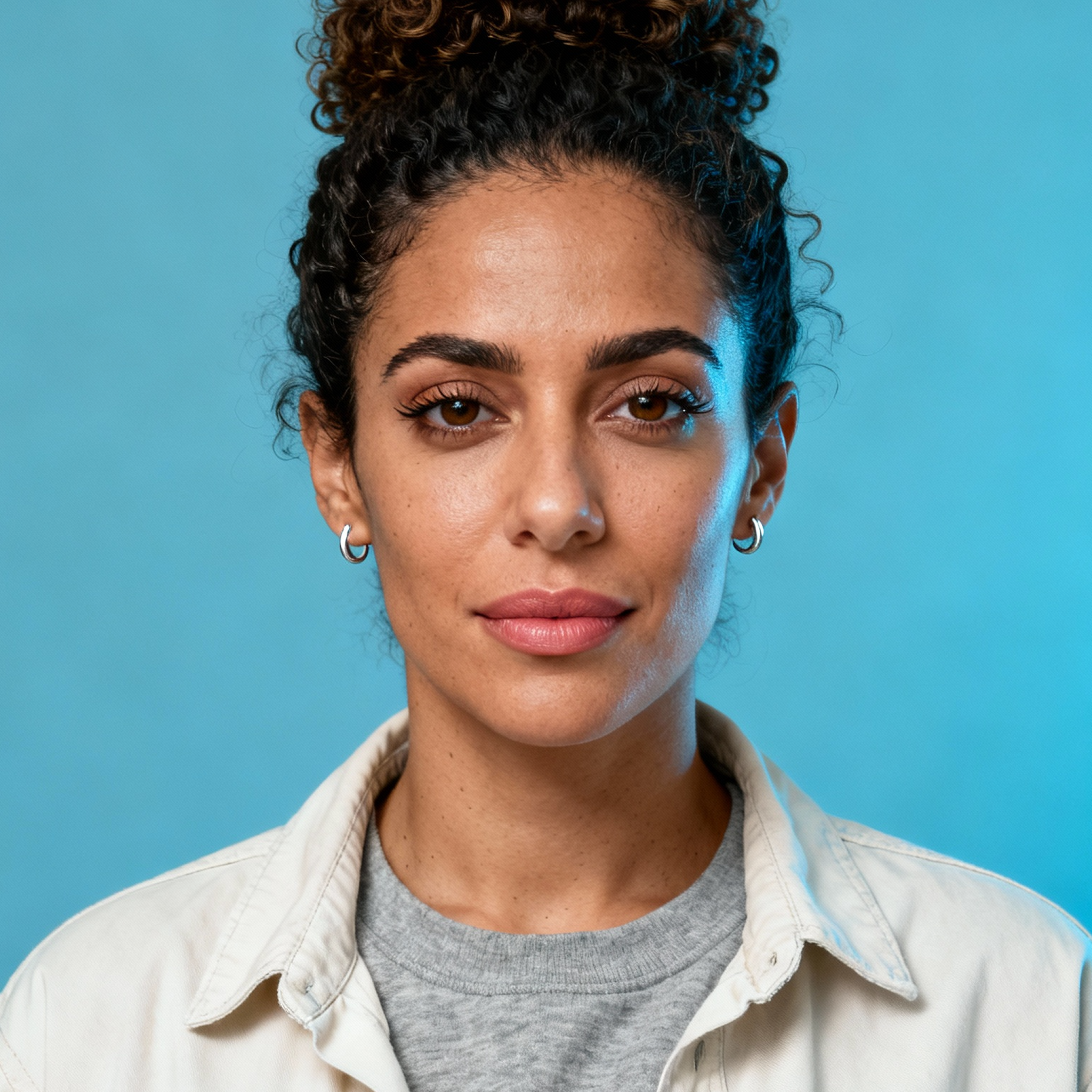 AI-generated portrait of a young woman with curly hair pulled back, wearing a T-shirt and light jacket, posed with a neutral expression against a teal background in mixed lighting.