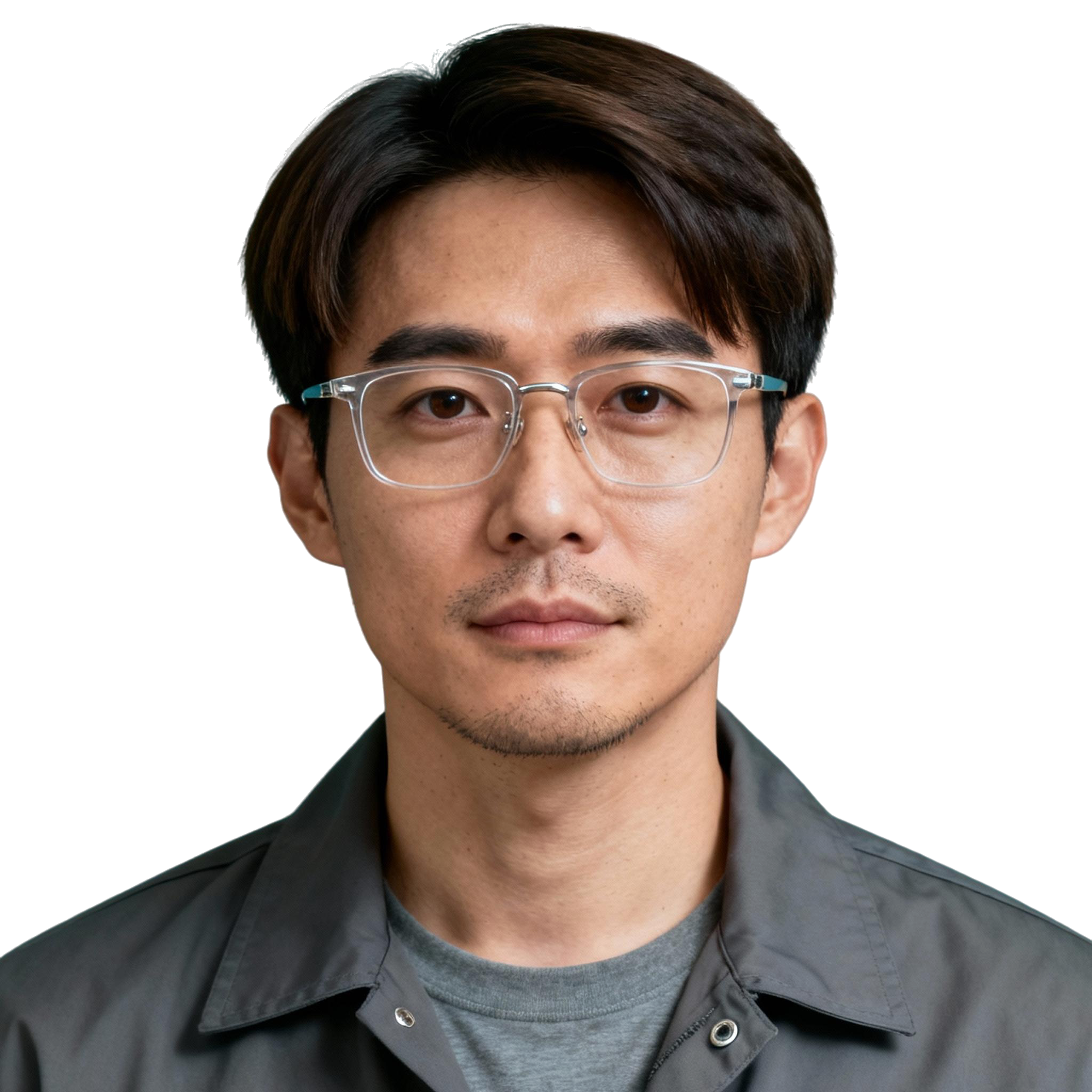 AI-generated portrait of a young man with short neatly styled hair and glasses, wearing a casual jacket over a t-shirt, posed with a neutral expression against a transparent background in soft studio lighting.