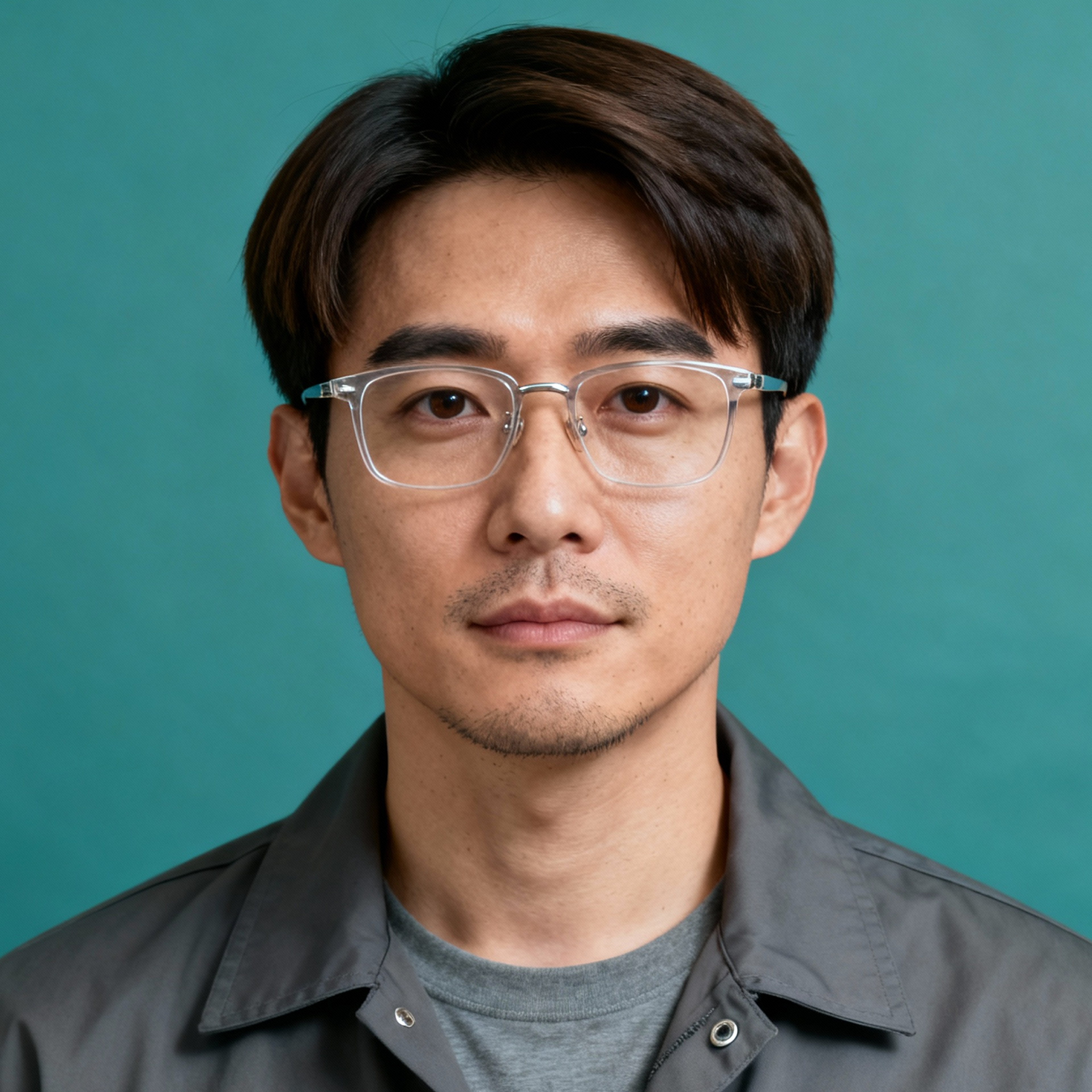 AI-generated portrait of a young man with short neatly styled hair and glasses, wearing a casual jacket over a t-shirt, posed with a neutral expression against a teal background in soft studio lighting.