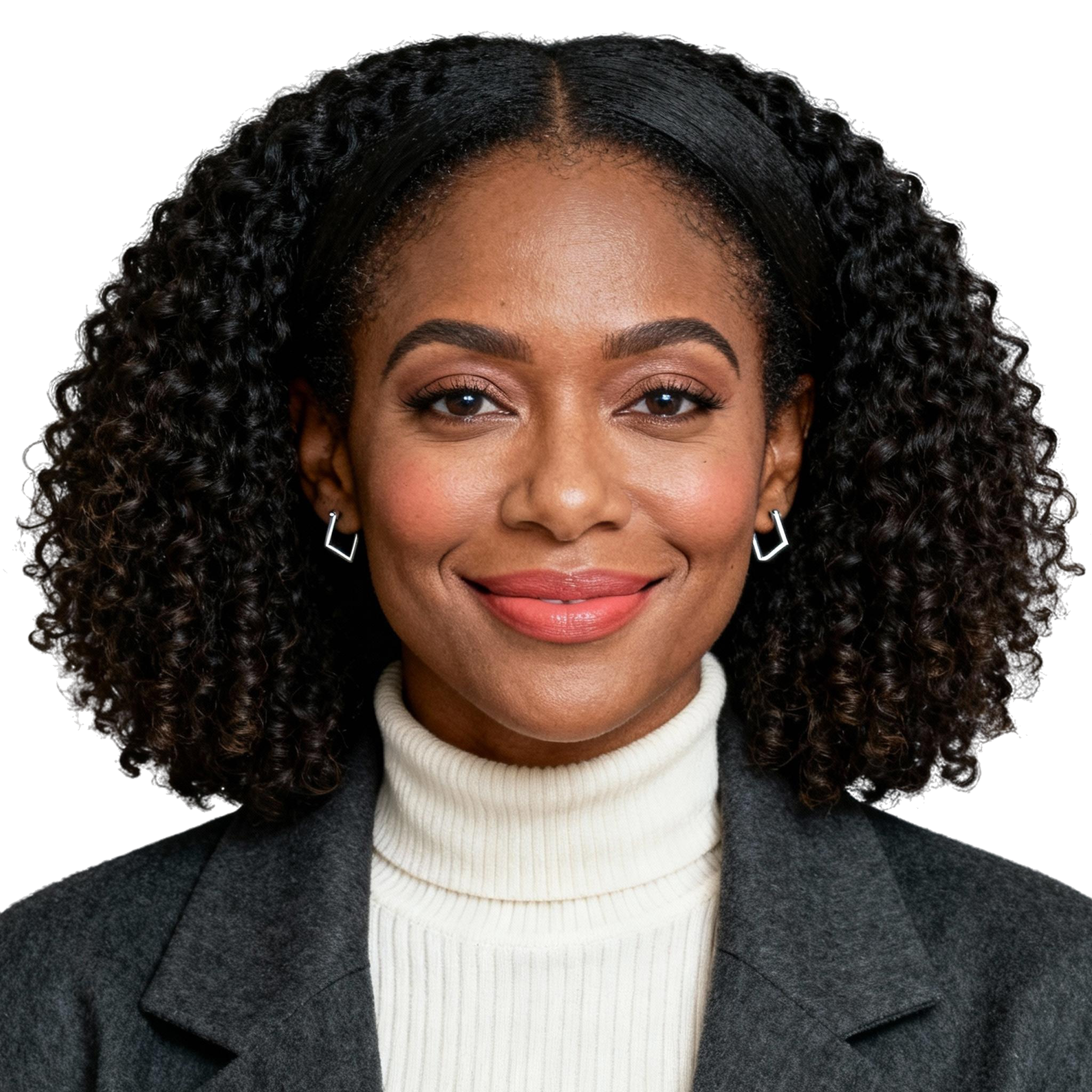 AI-generated portrait of a young woman with shoulder-length curly hair, wearing a turtleneck and blazer, posed with a friendly expression against a transparent background in soft studio lighting.