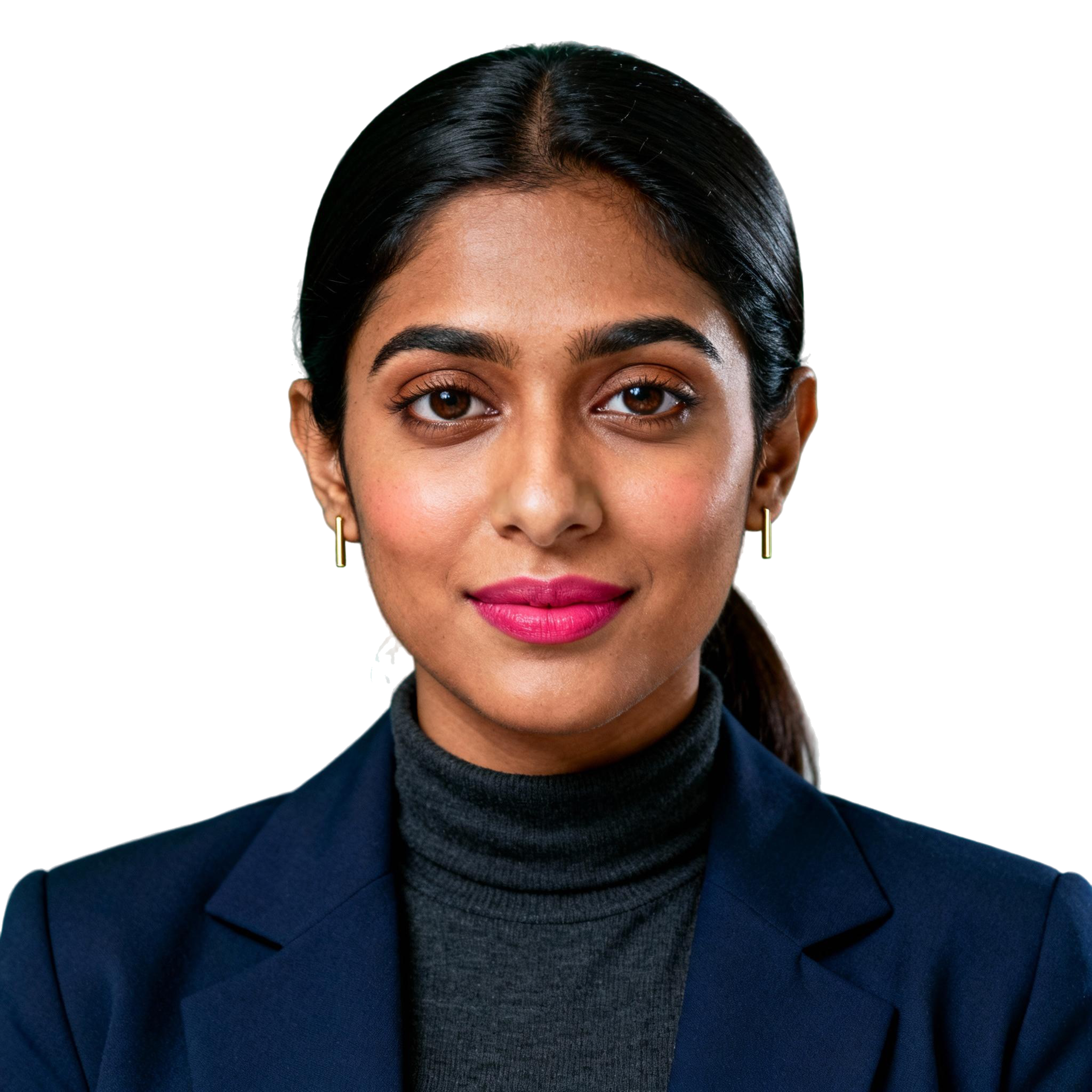 AI-generated portrait of a young woman with dark hair tied back, wearing a blazer over a high-neck top, posed with a calm expression against a transparent background in soft studio lighting.