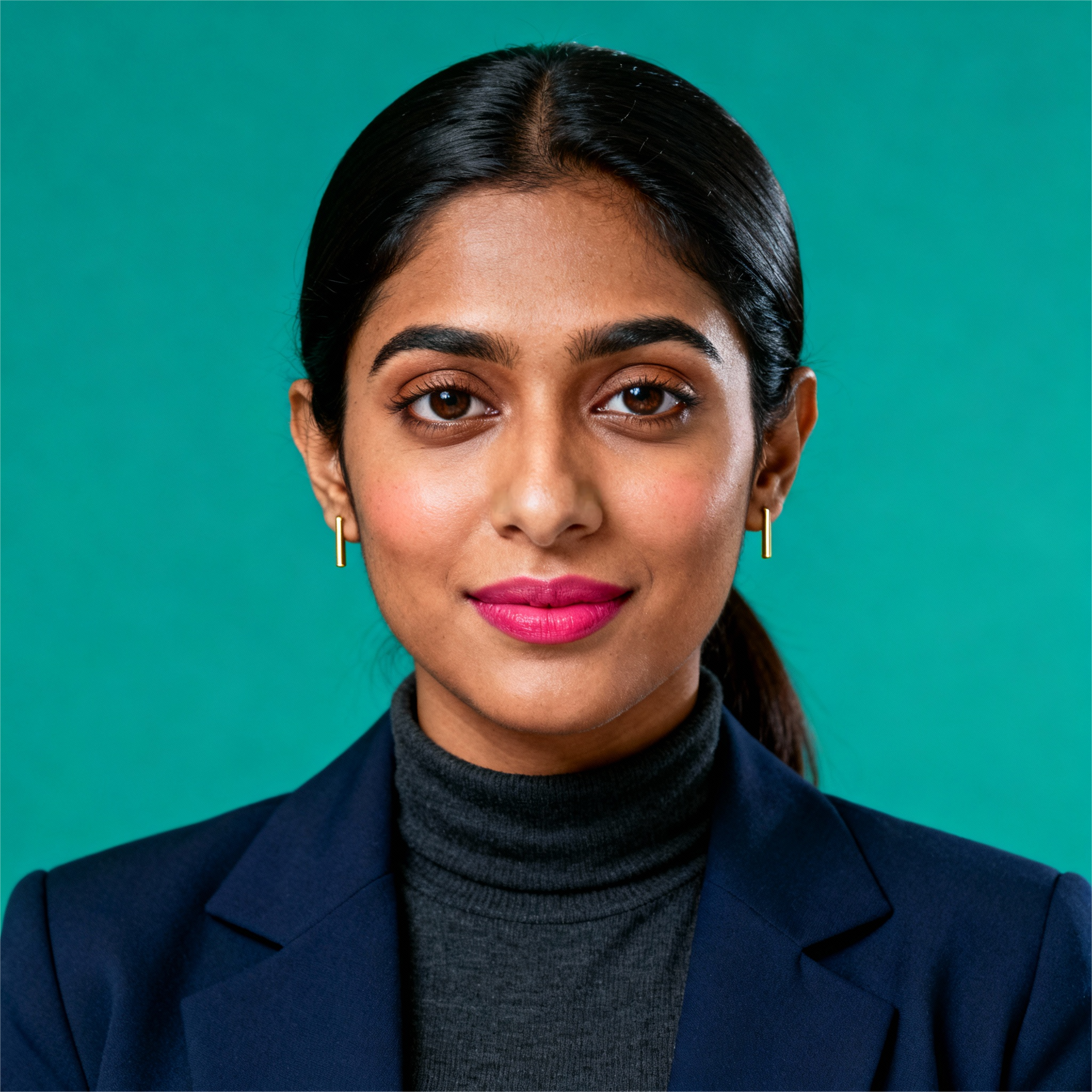 AI-generated portrait of a young woman with dark hair tied back, wearing a blazer over a high-neck top, posed with a calm expression against a teal background in soft studio lighting.