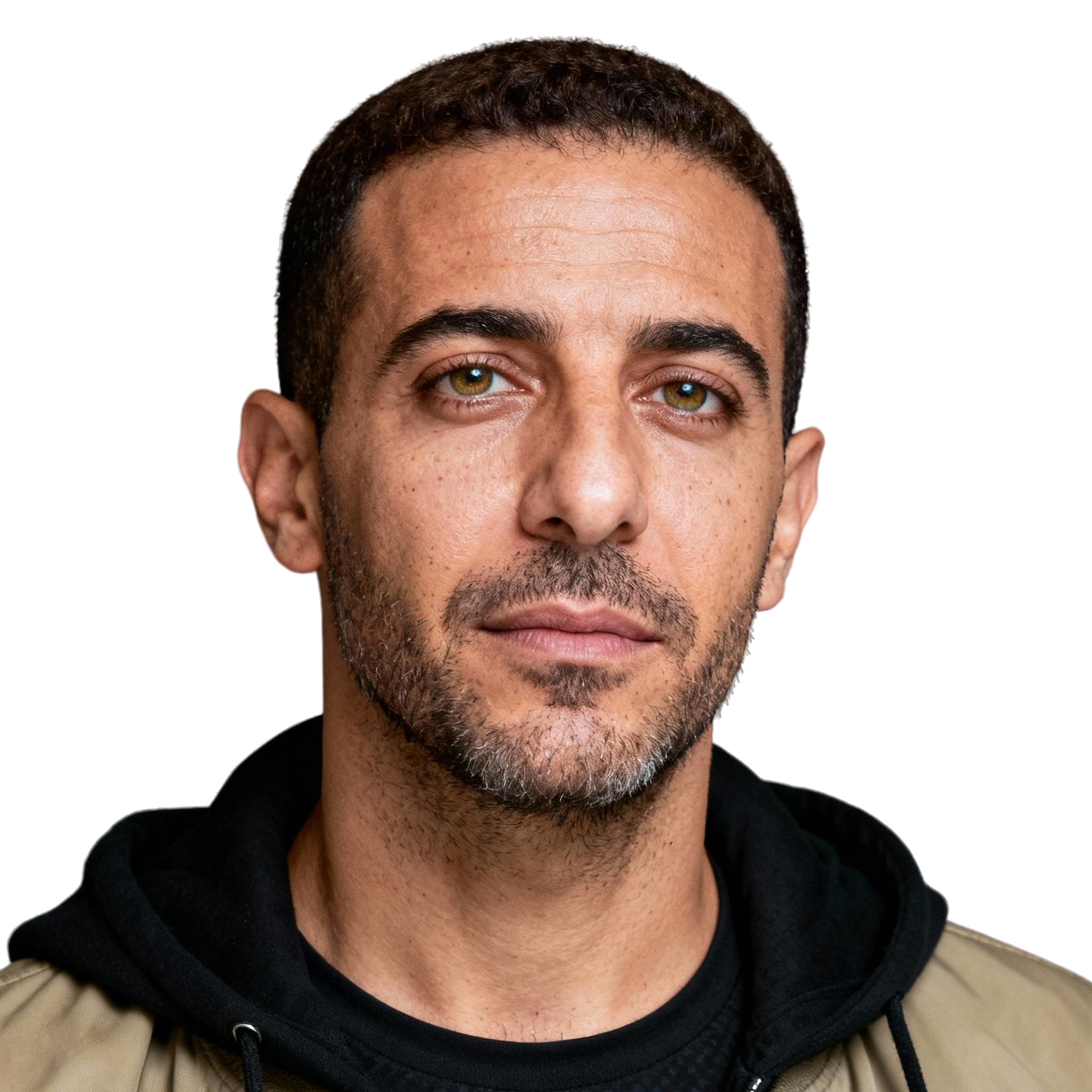 AI-generated portrait of a middle-aged man with short hair and light stubble, wearing a hoodie under a jacket, posed with a neutral expression against a transparent background in soft studio lighting.