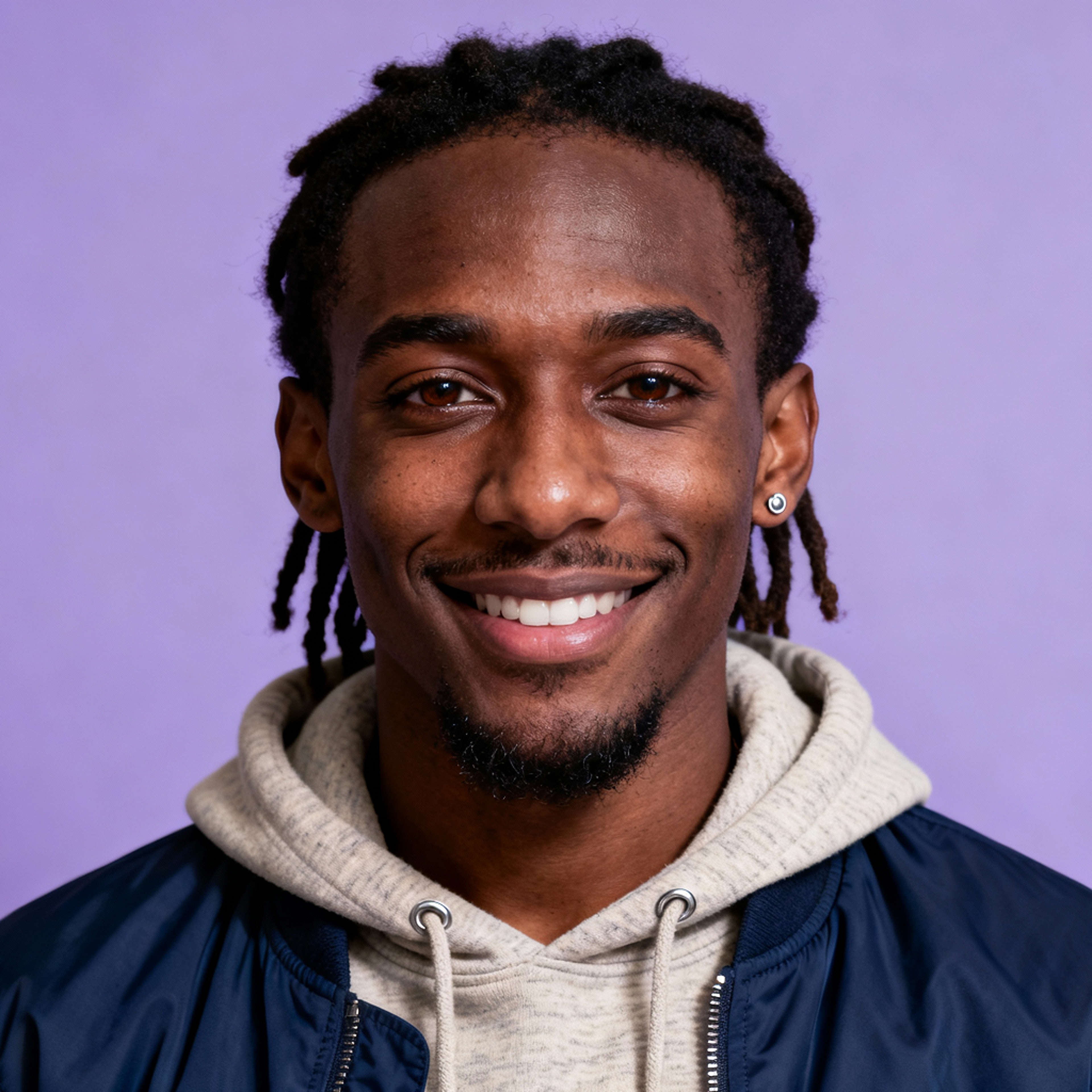 AI-generated portrait of a young man with short locs and light facial hair, wearing a hoodie under a casual jacket, posed with a warm smile against a soft purple background in diffused studio light.