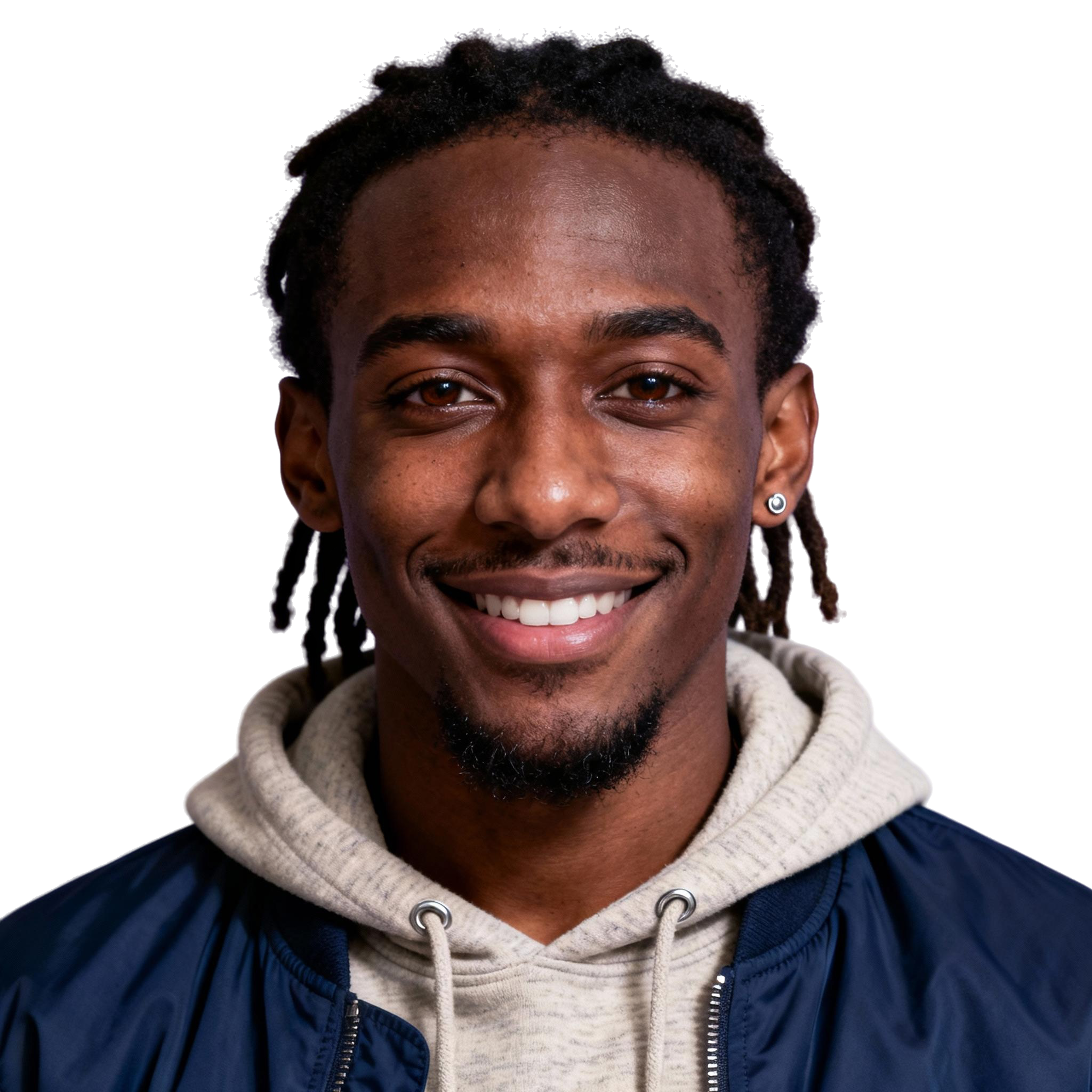 AI-generated portrait of a young man with short locs and light facial hair, wearing a hoodie under a casual jacket, posed with a warm smile against a transparent background in diffused studio light.