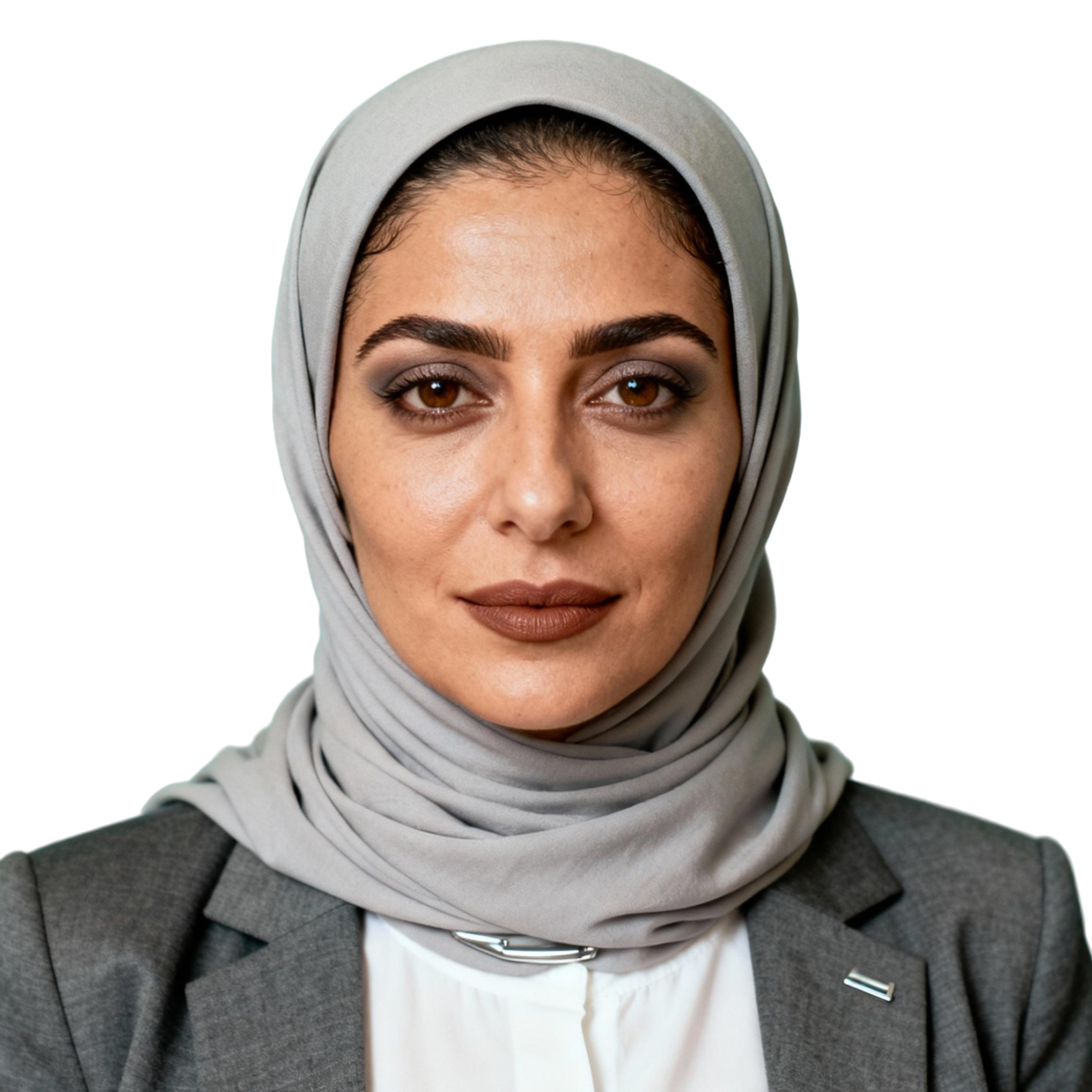 AI-generated portrait of a young woman wearing a headscarf and blazer, posed with a neutral expression against a transparent background in soft diffused lighting.