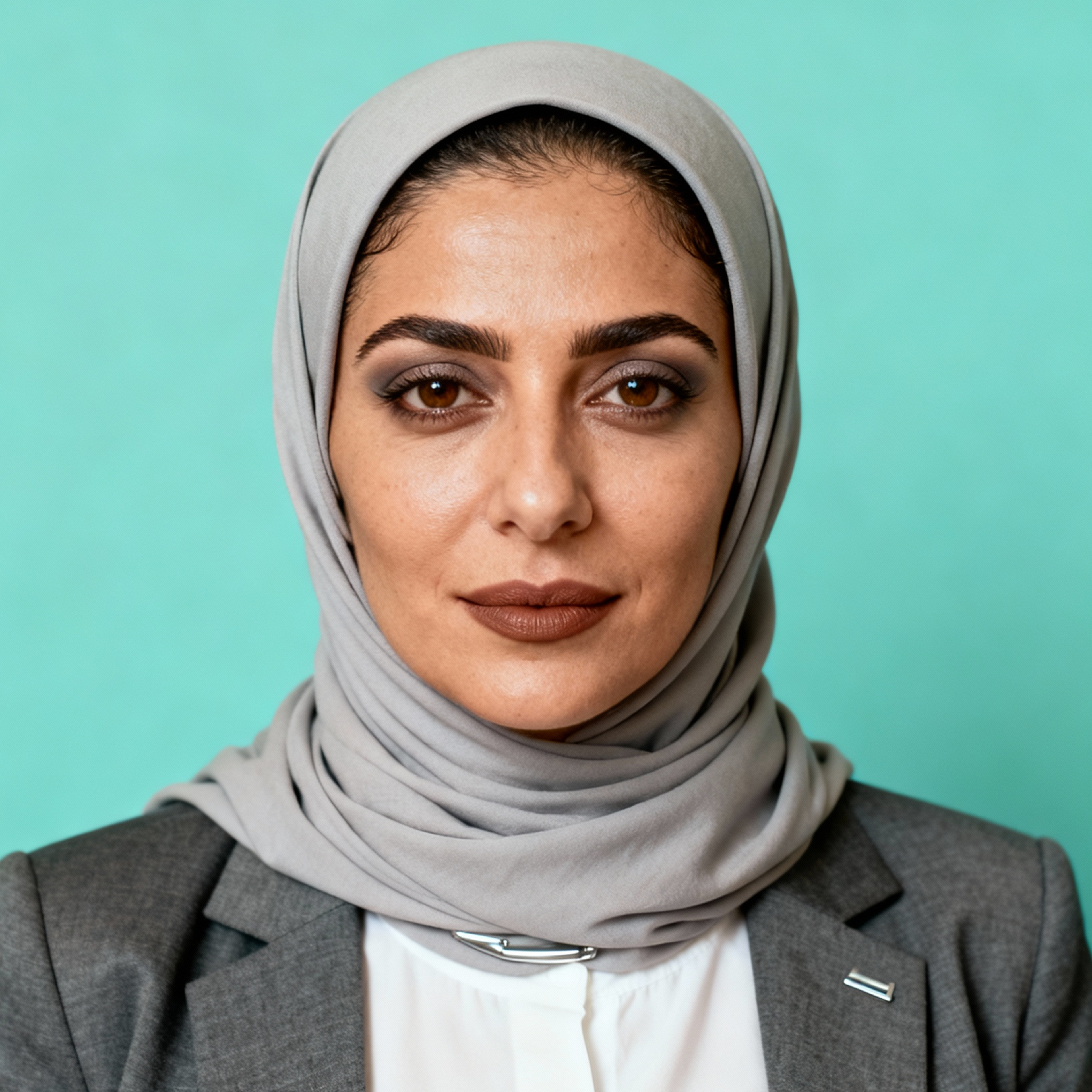 AI-generated portrait of a young woman wearing a headscarf and blazer, posed with a neutral expression against a teal background in soft diffused lighting.