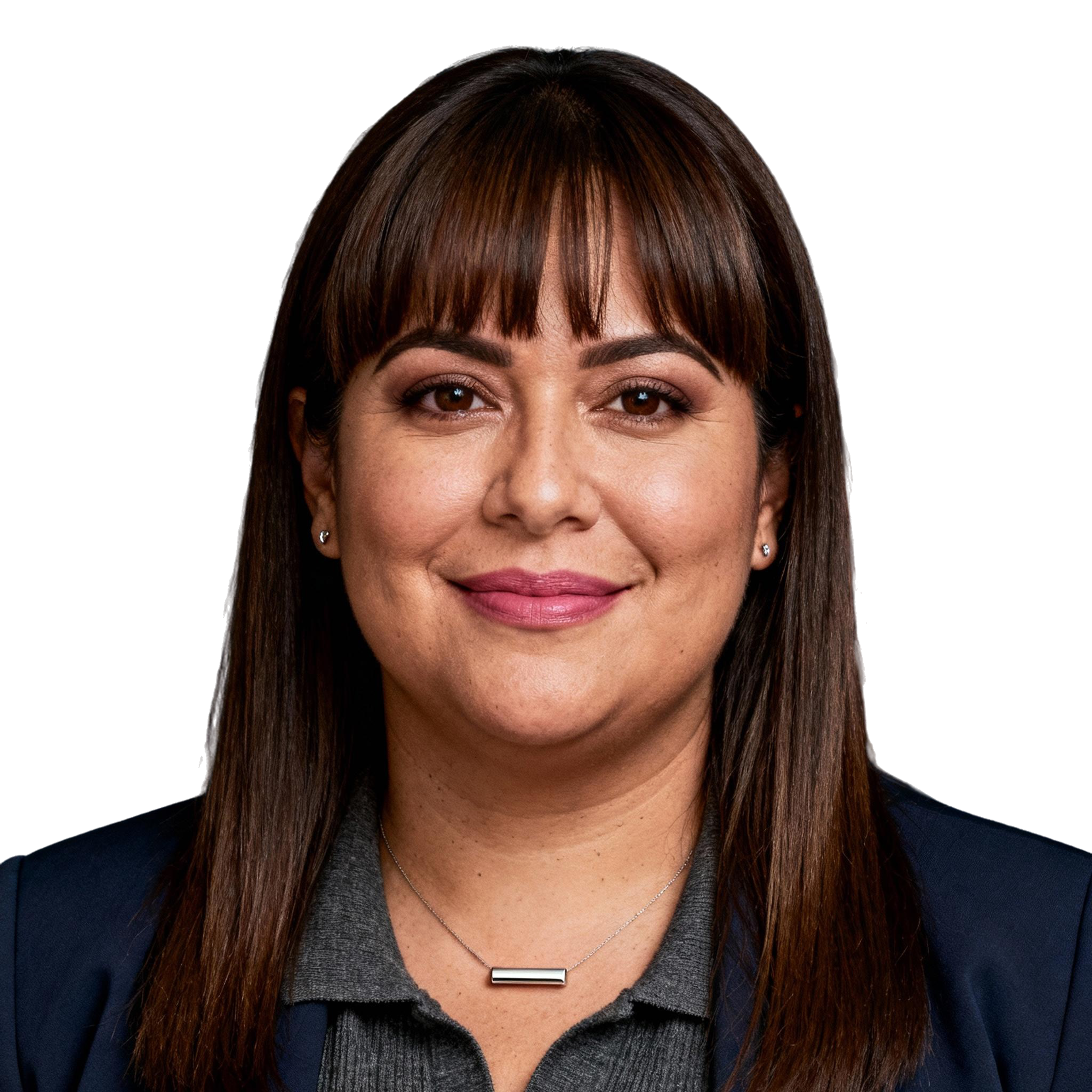 AI-generated portrait of a middle-aged woman with straight hair and bangs, wearing a collared top and blazer, posed with a subtle smile against a transparent background in soft studio lighting.