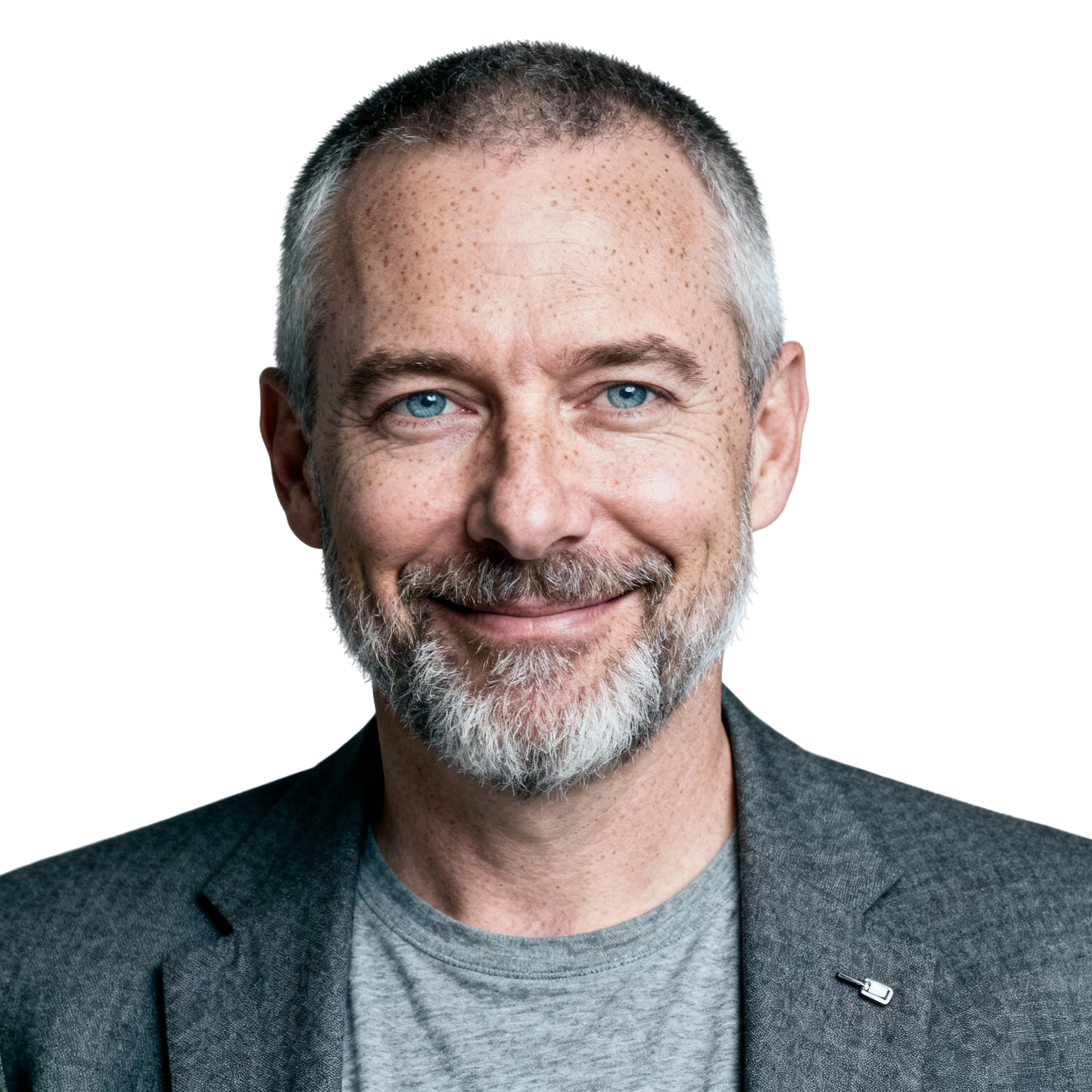 AI-generated portrait of a middle-aged man with short gray hair and a trimmed beard, wearing a blazer over a t-shirt, posed with a relaxed smile against a transparent background in soft studio lighting.