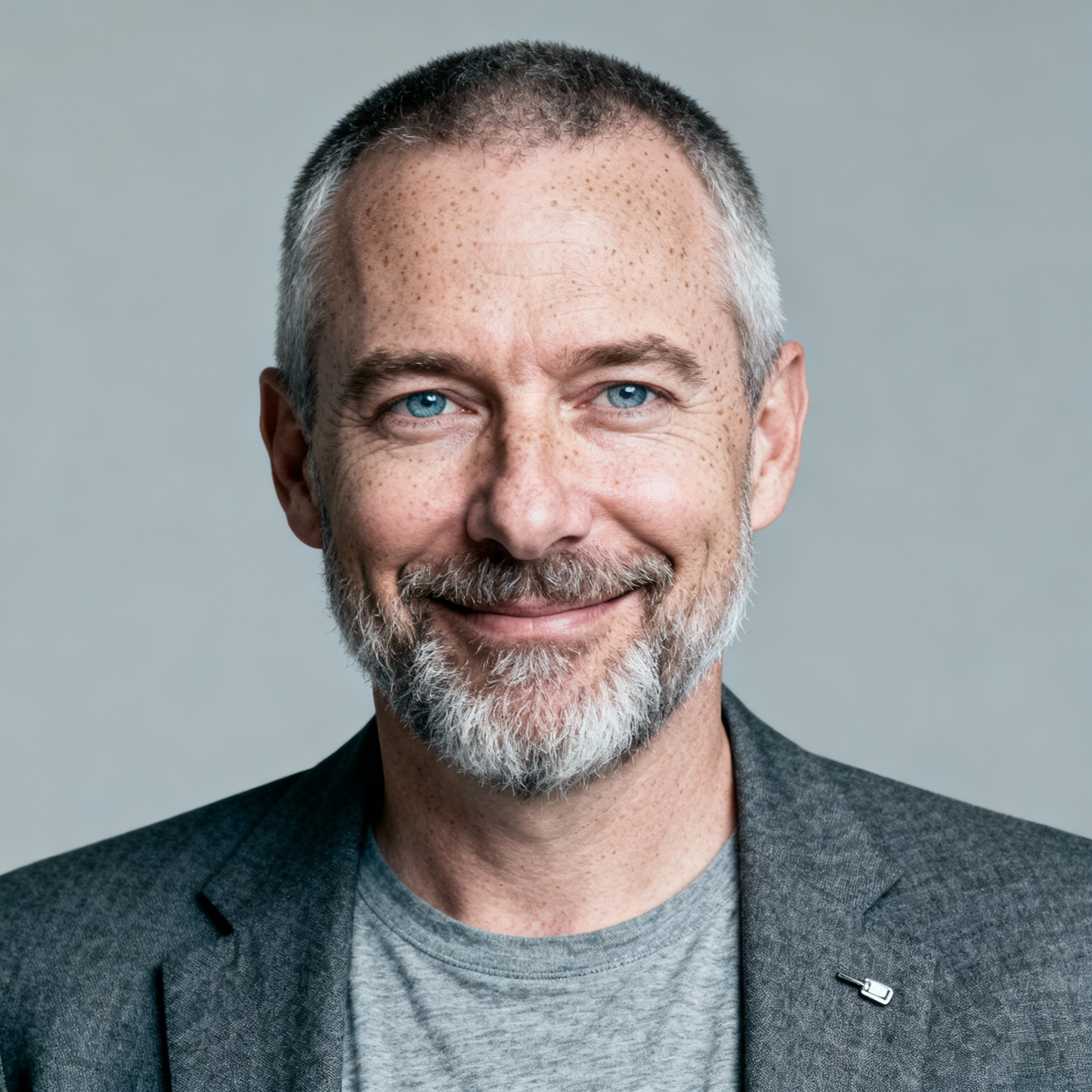 AI-generated portrait of a middle-aged man with short gray hair and a trimmed beard, wearing a blazer over a t-shirt, posed with a relaxed smile against a light gray background in soft studio lighting.