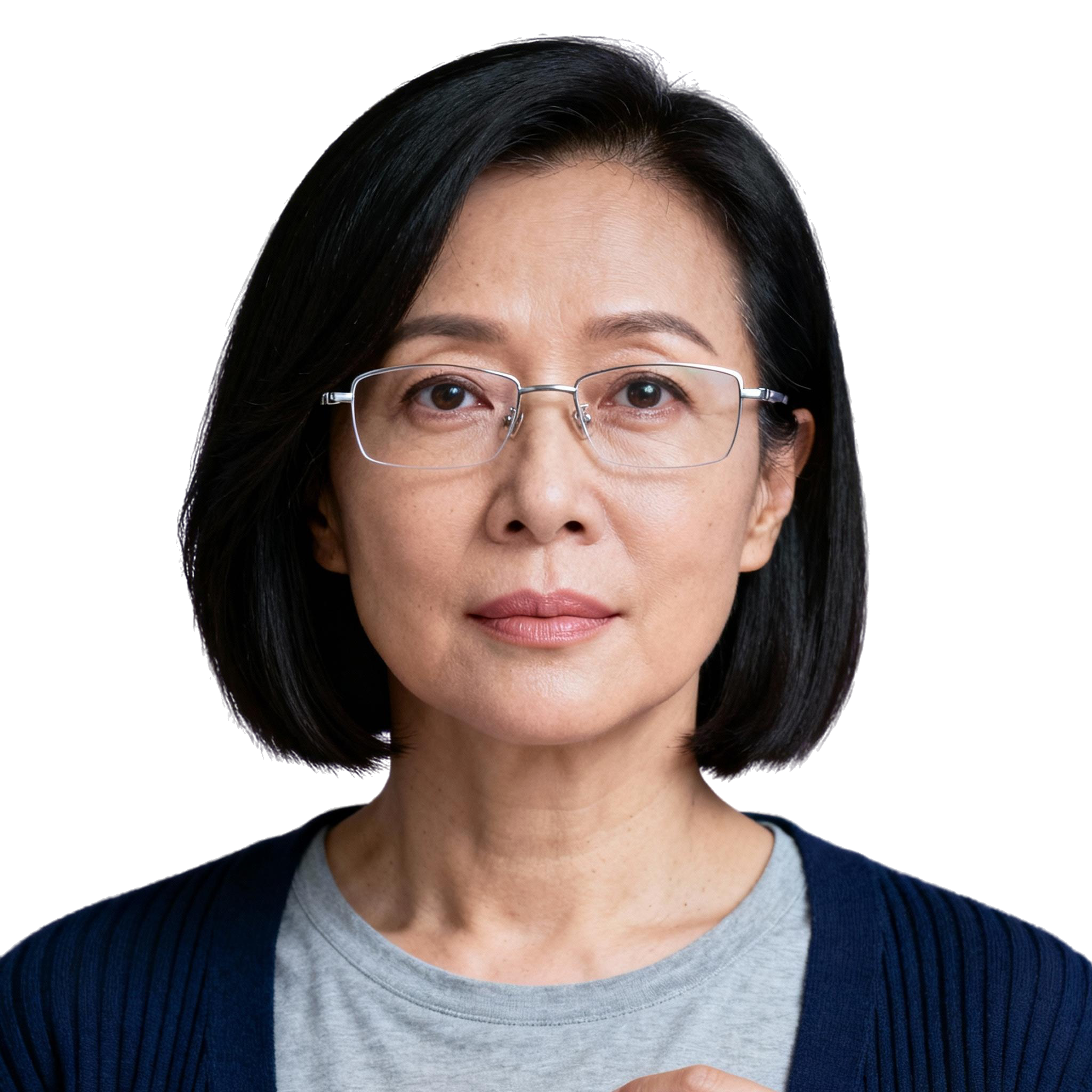 AI-generated portrait of a middle-aged woman with a short bob haircut and glasses, wearing a casual top and cardigan, posed with a neutral expression against a transparent background in diffused light.