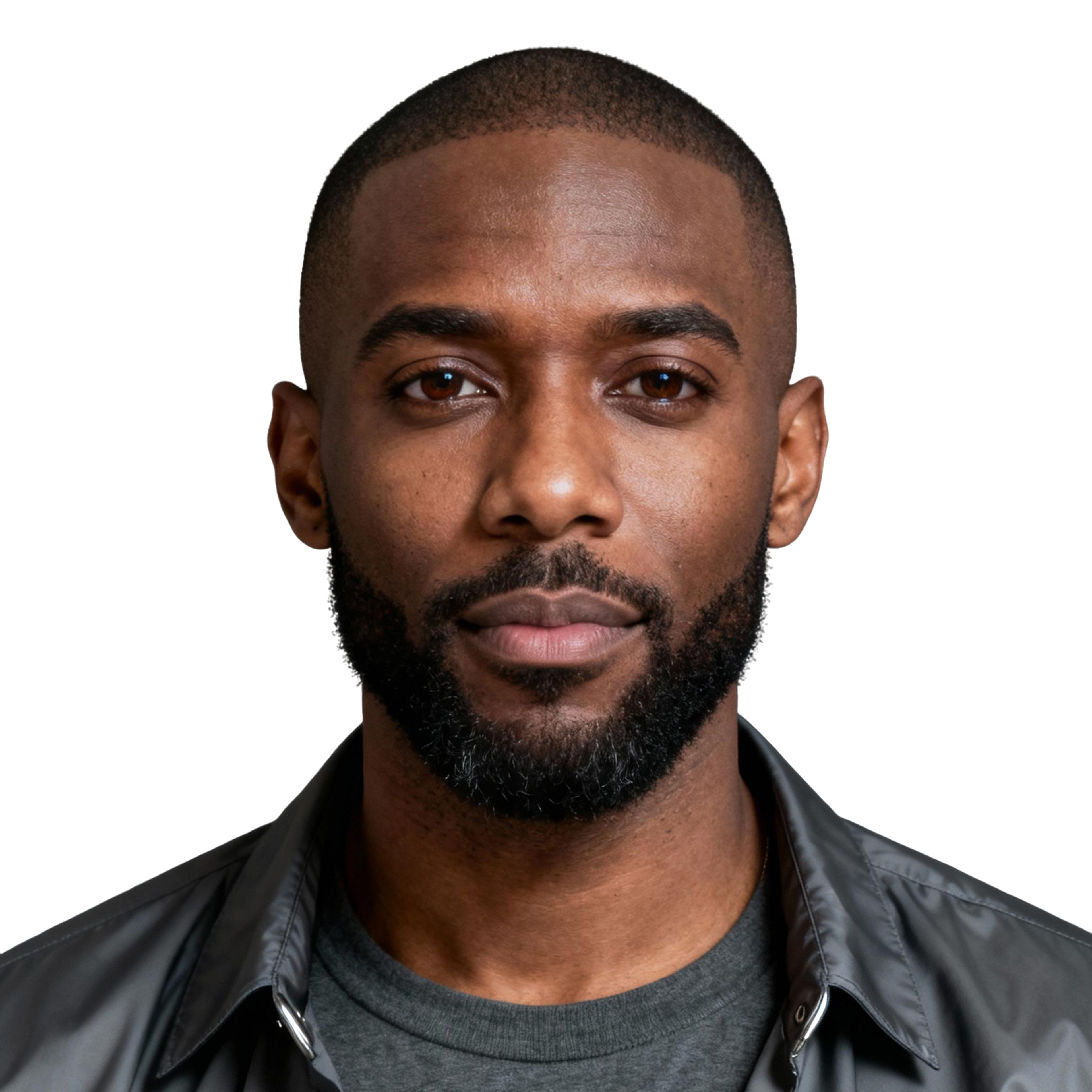AI-generated portrait of a young man with closely cropped hair and a full beard, wearing a casual jacket over a t-shirt, posed with a neutral expression against a transparent background in soft studio lighting.