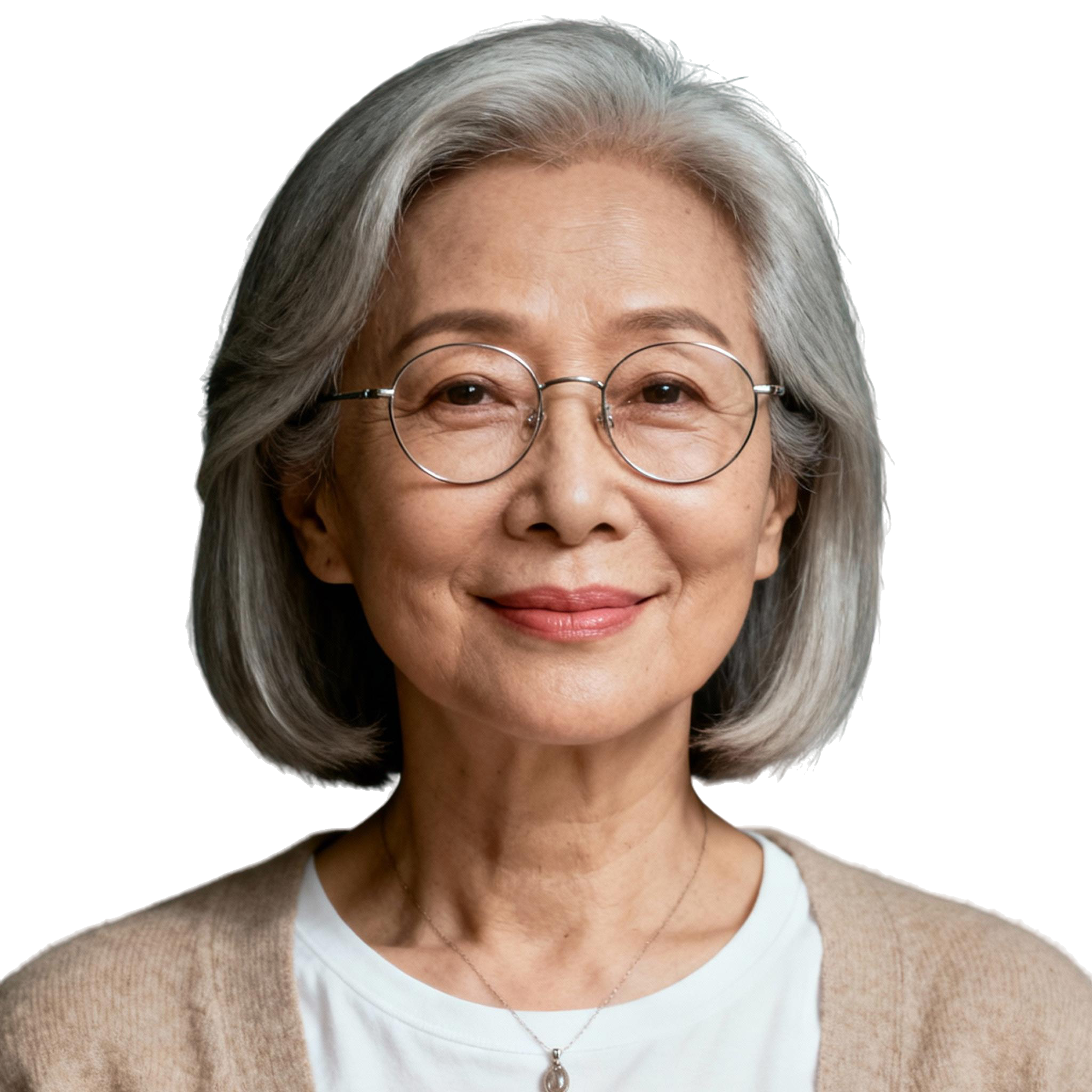 AI-generated portrait of a middle-aged woman with short gray hair and round glasses, wearing a light cardigan and white top, posed with a gentle expression against a transparent background in soft diffused light.