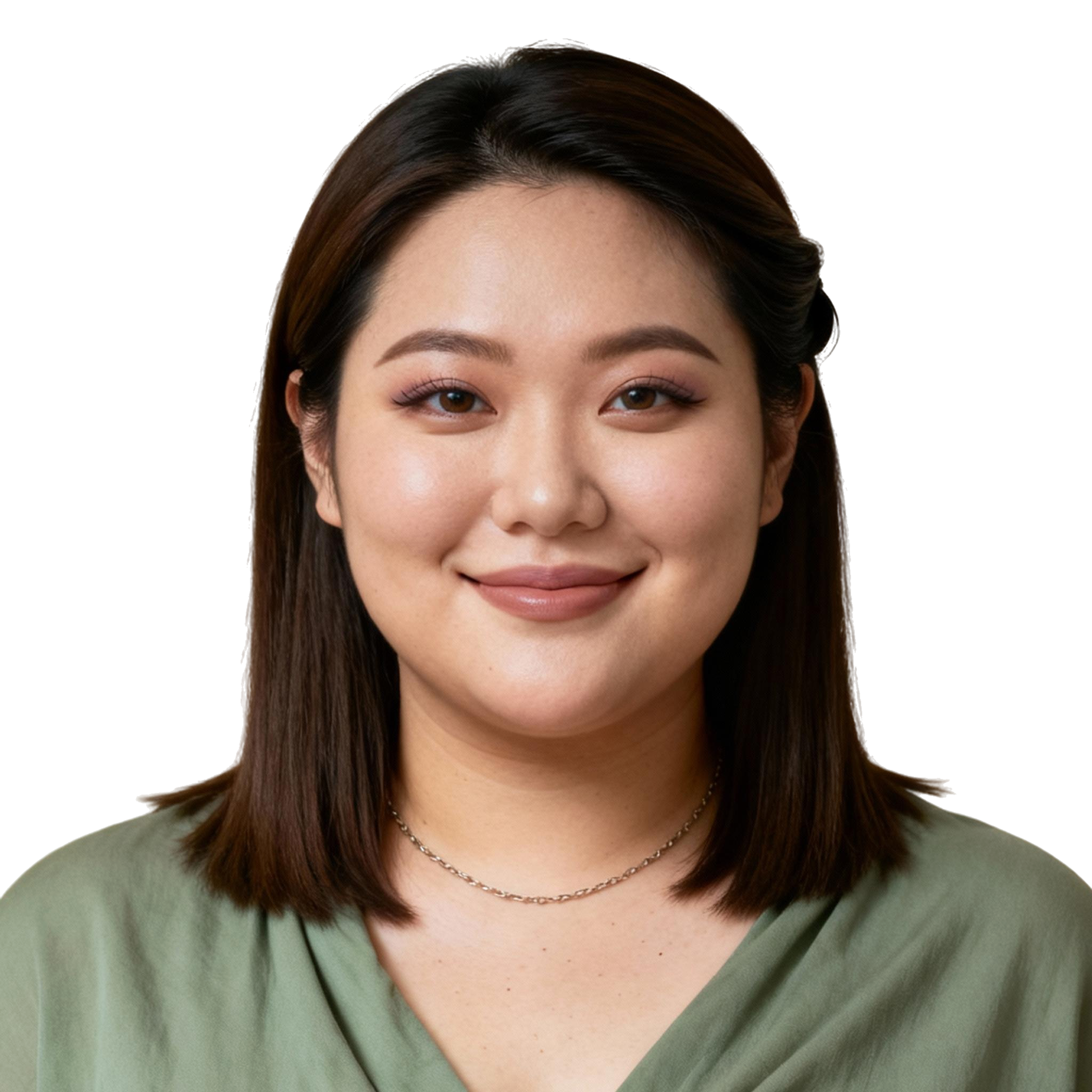 AI-generated portrait of a young woman with straight shoulder-length hair, wearing a simple blouse and necklace, posed with a gentle smile against a transparent background in soft daylight.