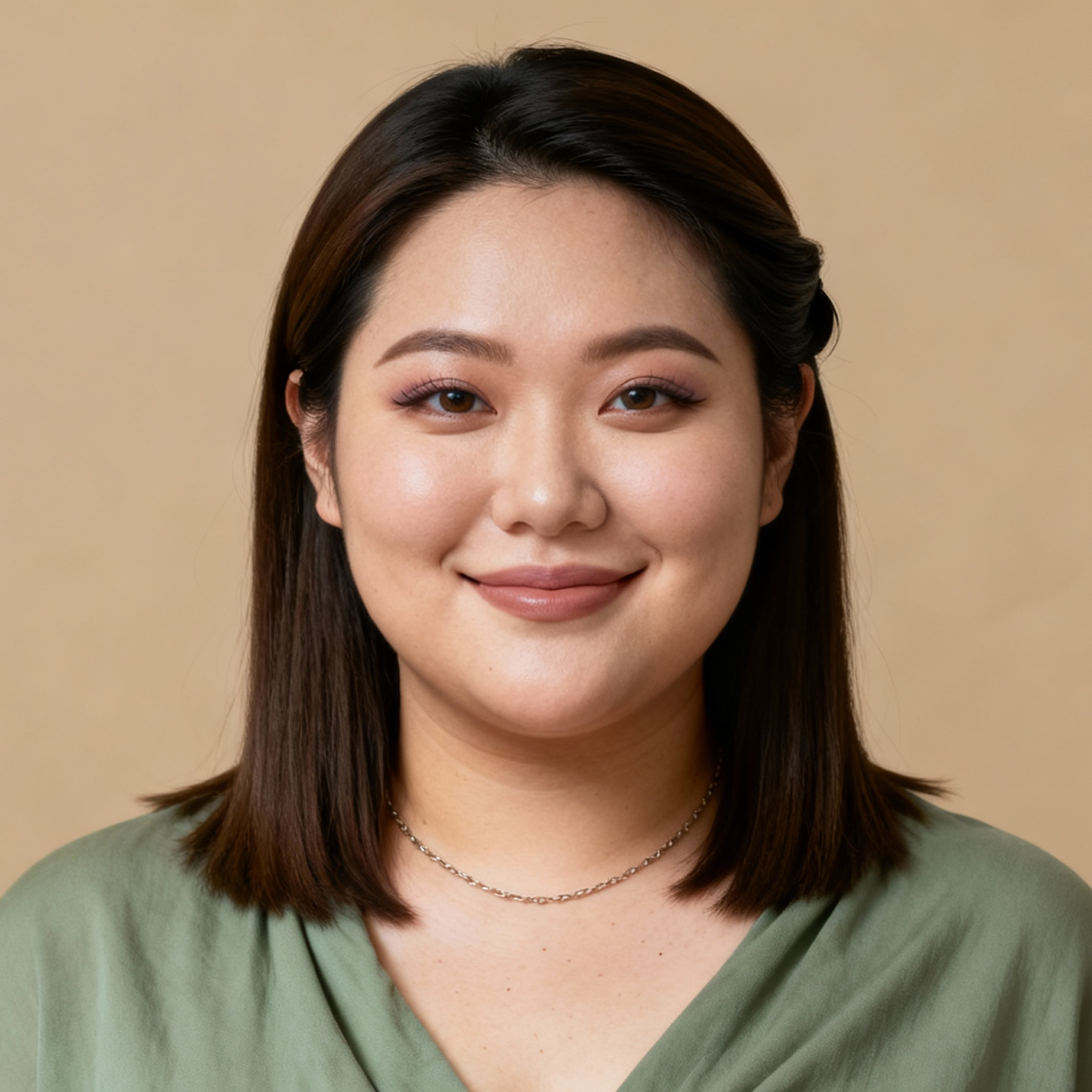 AI-generated portrait of a young woman with straight shoulder-length hair, wearing a simple blouse and necklace, posed with a gentle smile against a beige background in soft daylight.