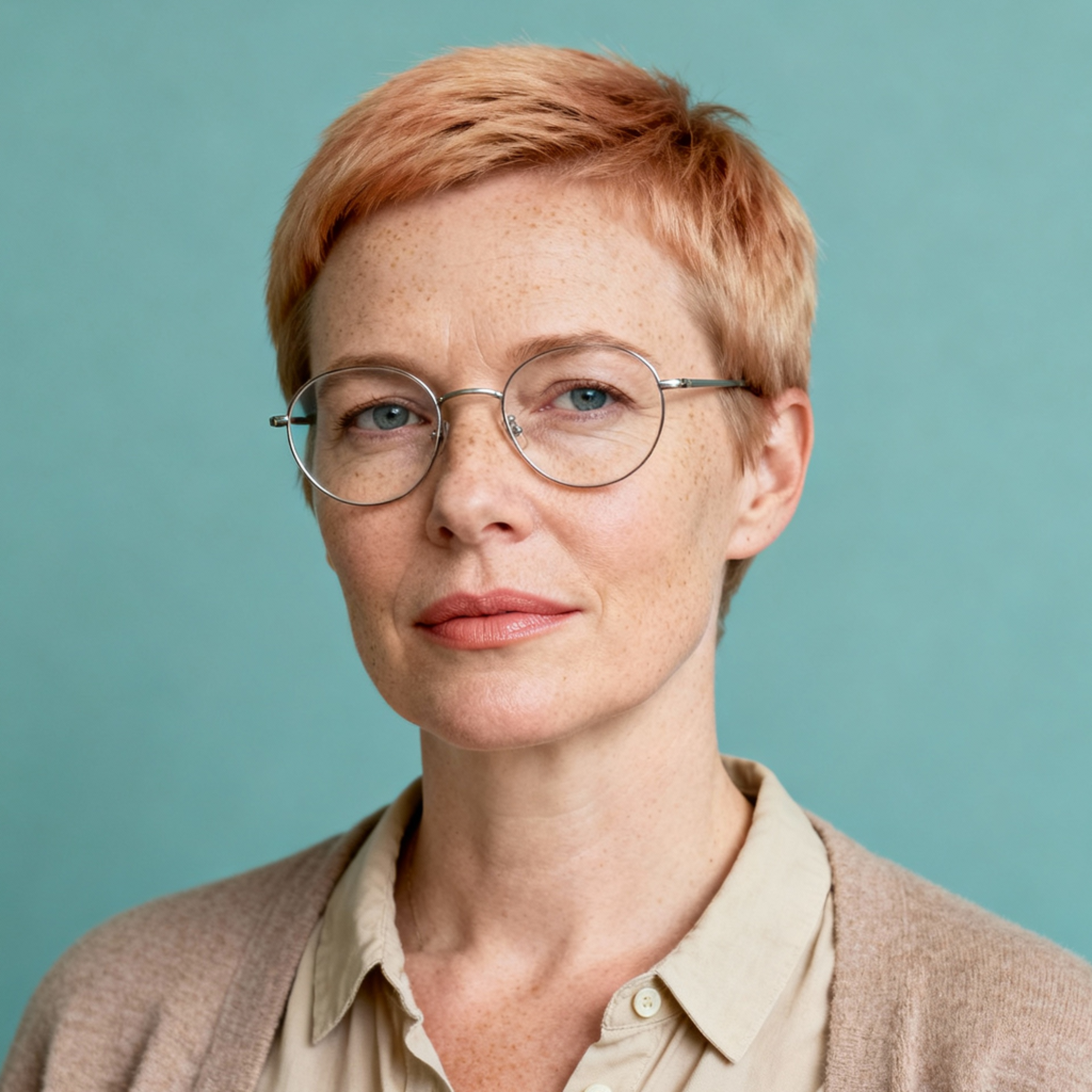 AI-generated portrait of a middle-aged woman with short light hair and glasses, wearing a button-up shirt and cardigan, posed with a neutral expression against a teal background in soft diffused light.