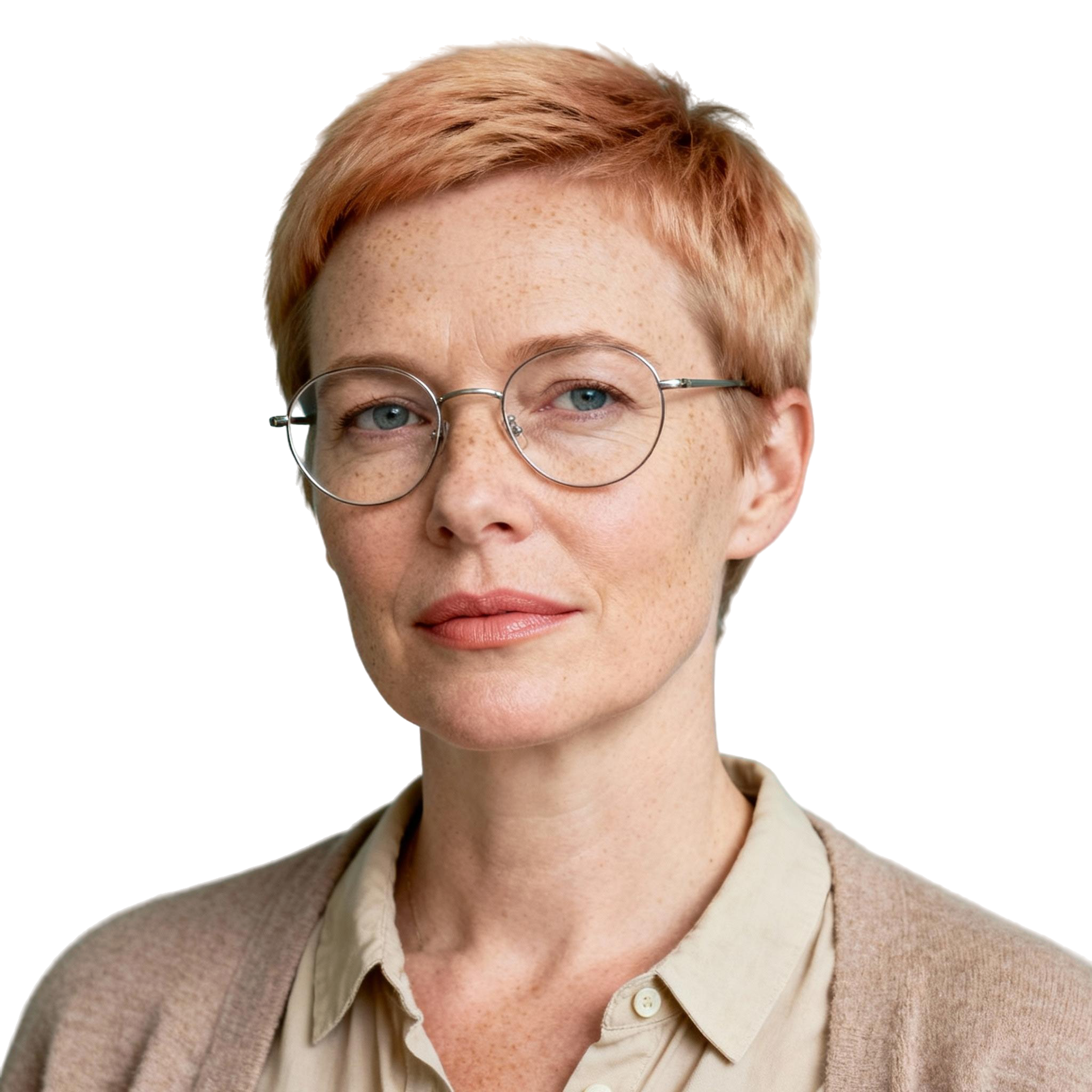AI-generated portrait of a middle-aged woman with short light hair and glasses, wearing a button-up shirt and cardigan, posed with a neutral expression against a transparent background in soft diffused light.