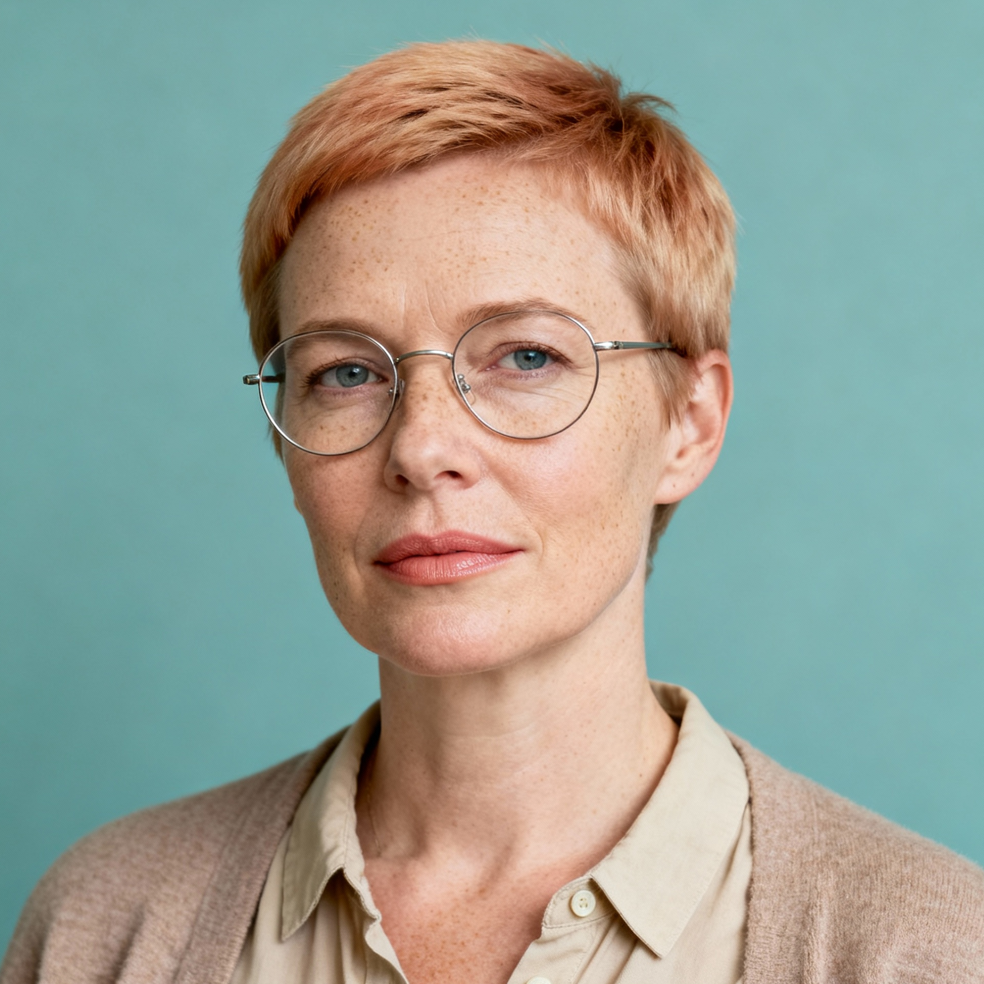 AI-generated portrait of a middle-aged woman with short light hair and glasses, wearing a button-up shirt and cardigan, posed with a neutral expression against a teal background in soft diffused light.