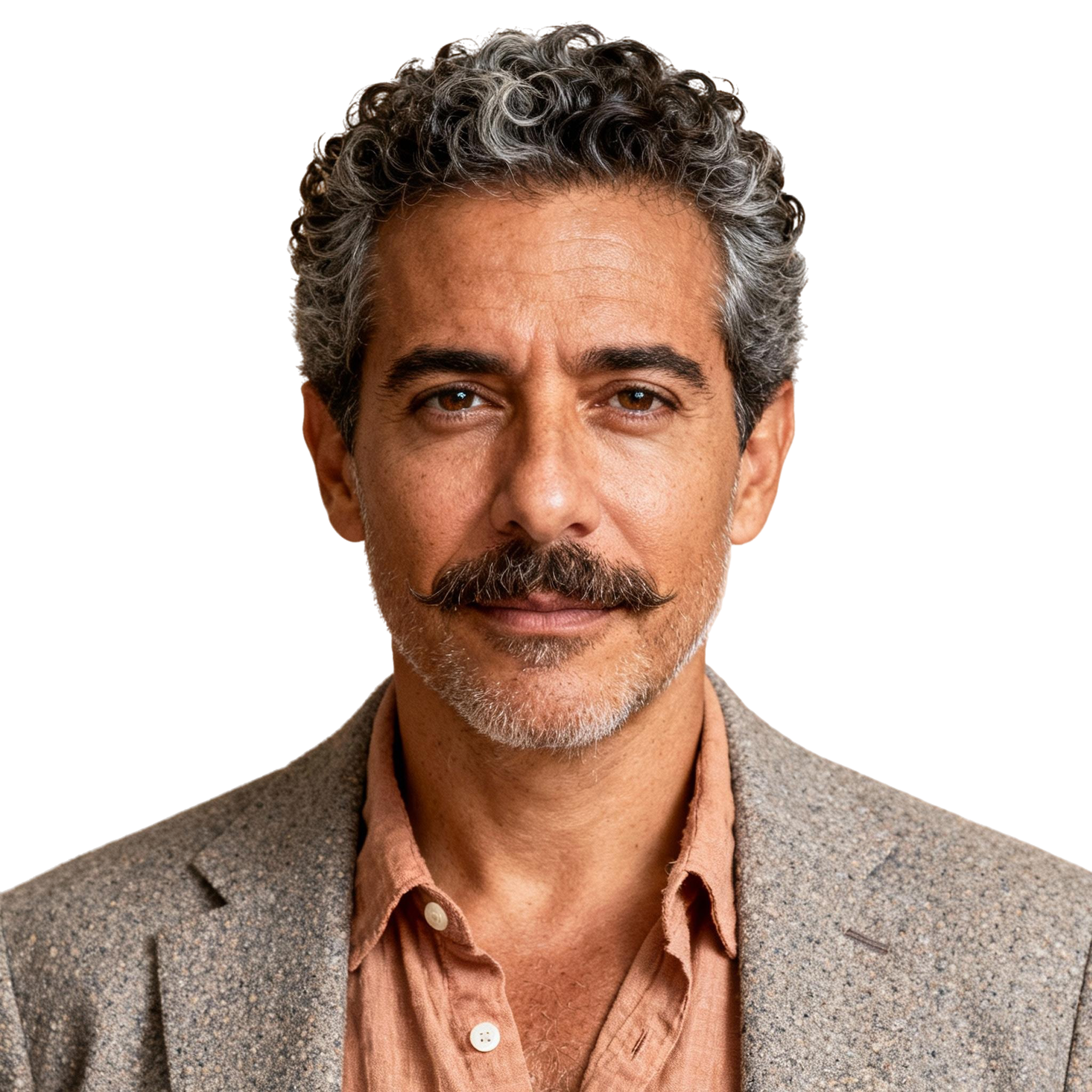 AI-generated portrait of a middle-aged man with salt-and-pepper curly hair and a mustache, wearing a textured blazer and open-collar shirt, posed with a calm expression against a transparent background in warm diffused light.