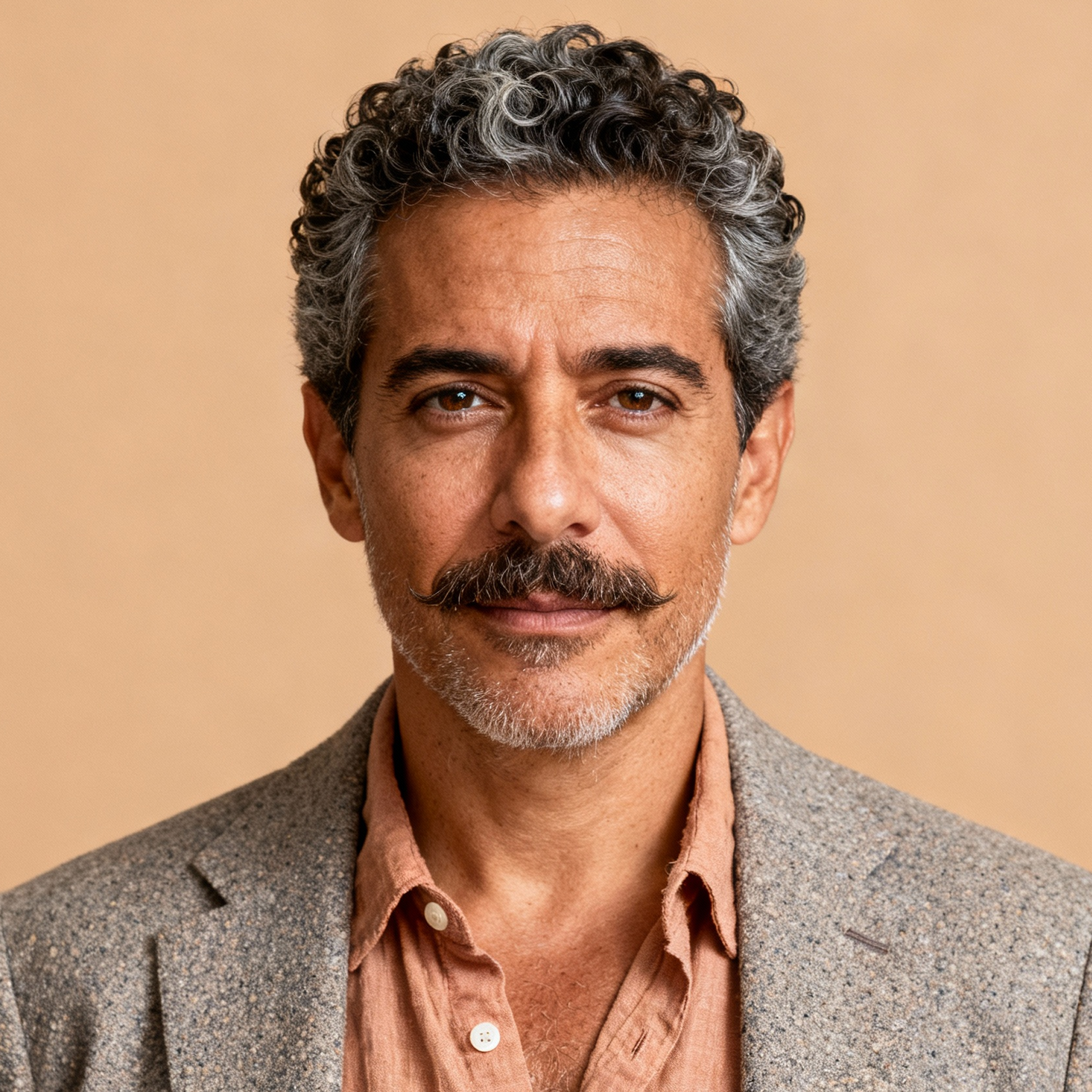 AI-generated portrait of a middle-aged man with salt-and-pepper curly hair and a mustache, wearing a textured blazer and open-collar shirt, posed with a calm expression against a beige background in warm diffused light.