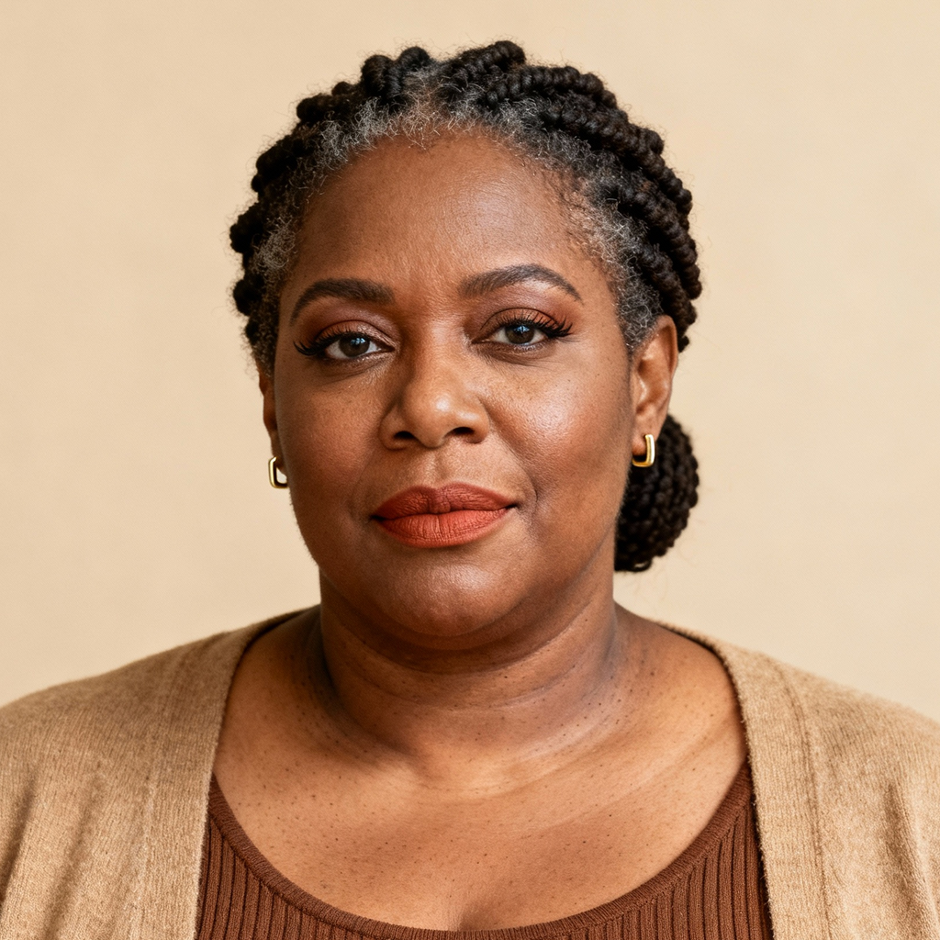 AI-generated portrait of a middle-aged woman with braided hair pulled back, wearing a knit top and cardigan, posed with a composed expression against a warm beige background in soft daylight.