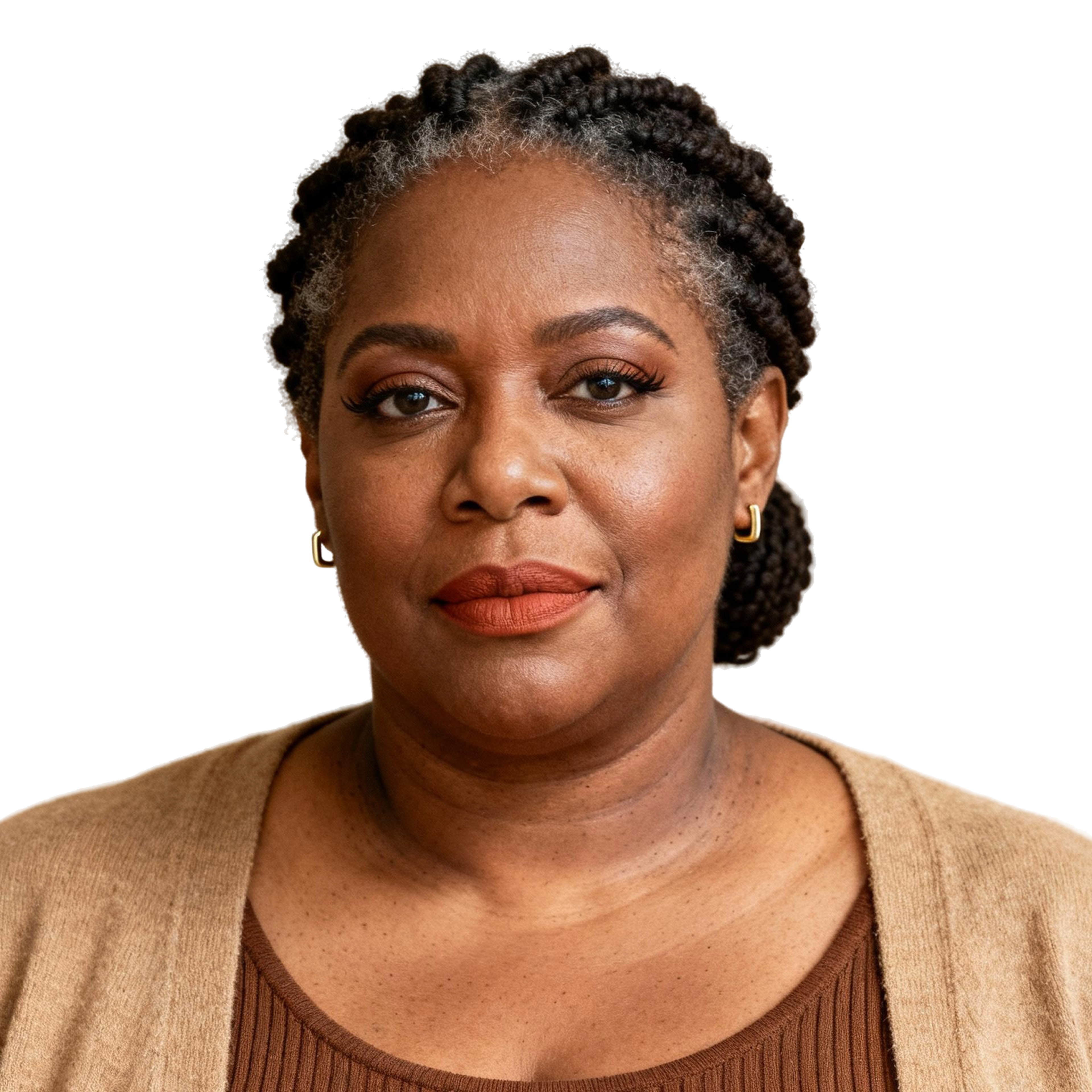 AI-generated portrait of a middle-aged woman with braided hair pulled back, wearing a knit top and cardigan, posed with a composed expression against a transparent background in soft daylight.