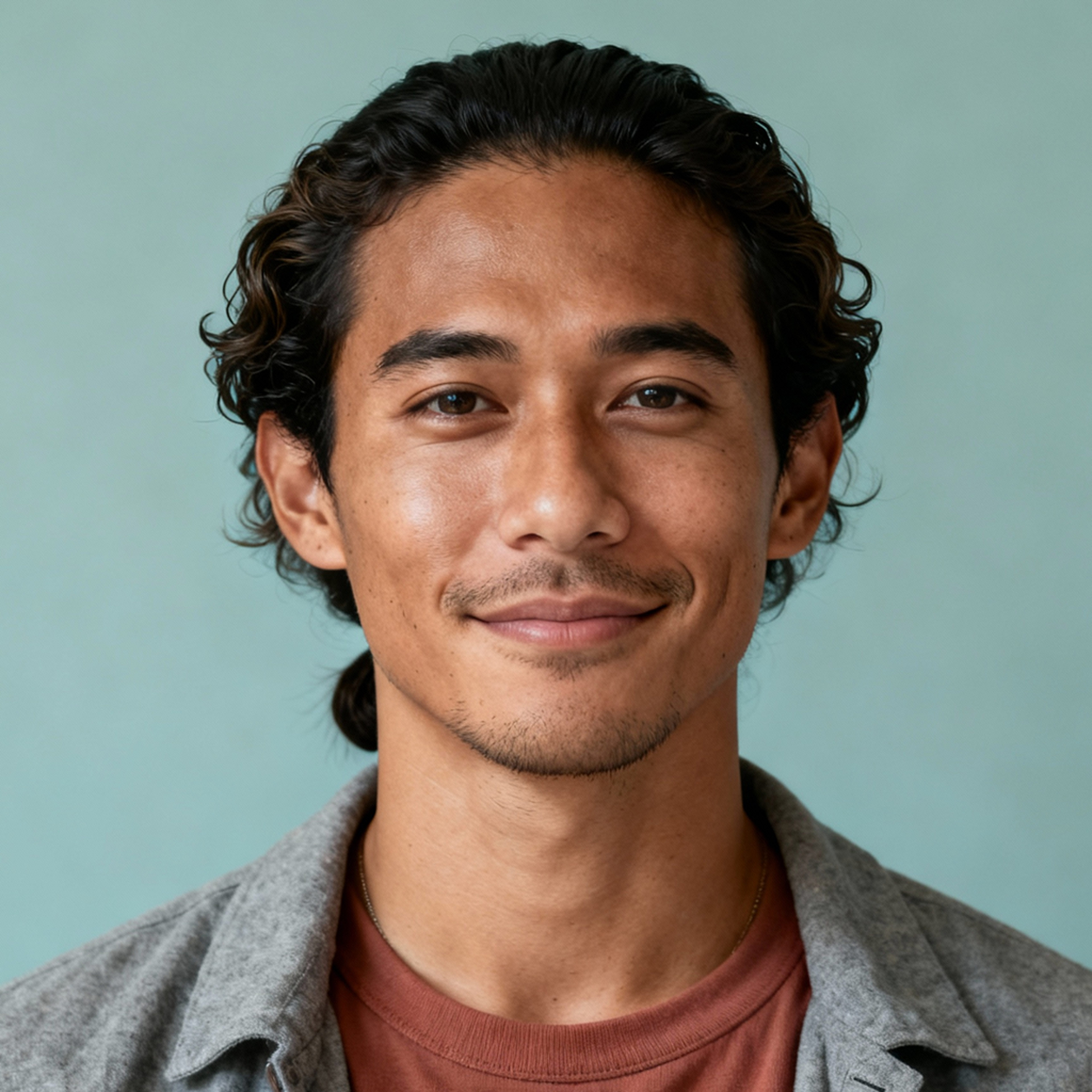AI-generated portrait of a young man with wavy hair pulled back and light facial hair, wearing a casual jacket over a t-shirt, posed with a gentle smile against a muted teal background in soft diffused light.