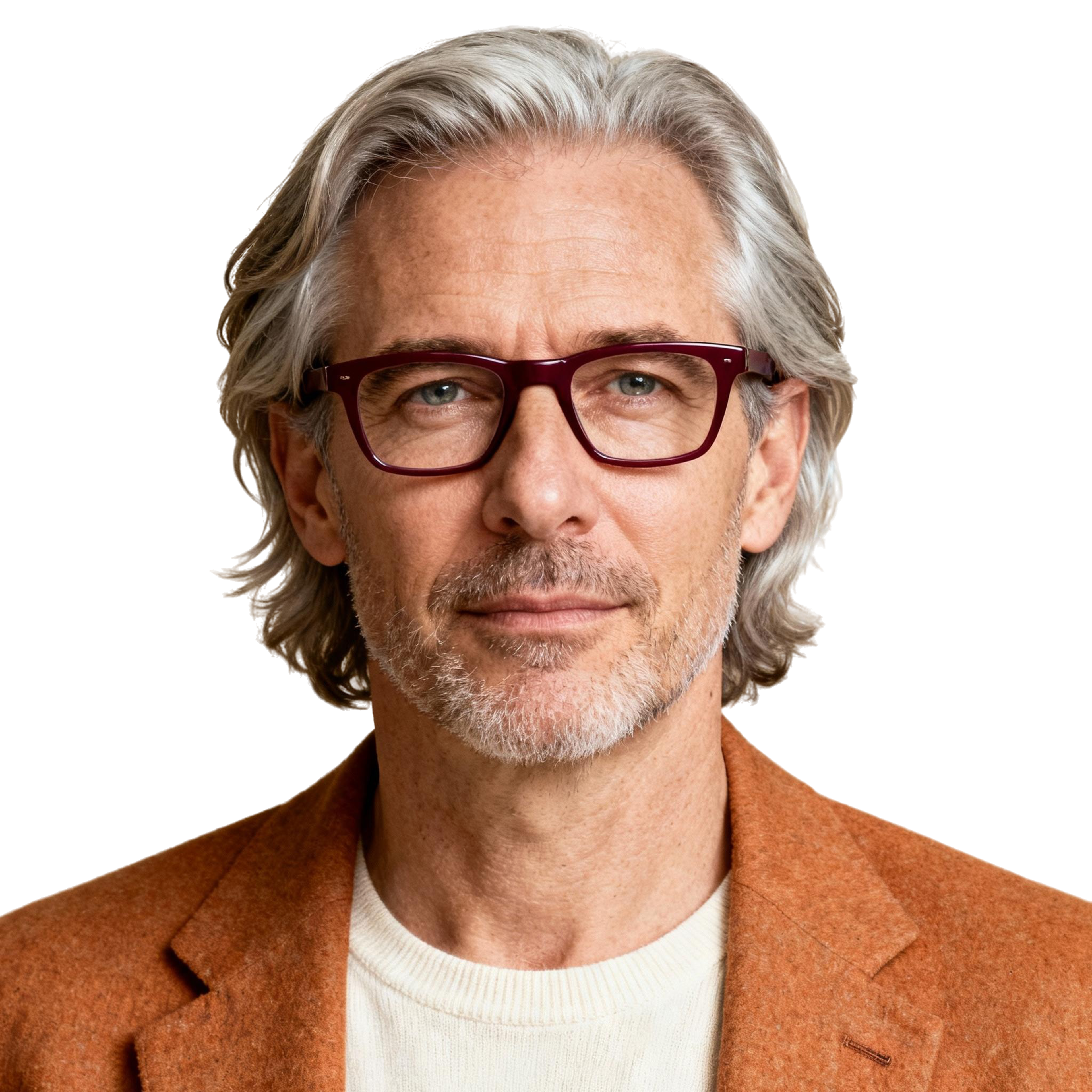 AI-generated portrait of a middle-aged man with medium-length gray hair, light stubble, and rectangular glasses, wearing a textured blazer and knit top, posed with a relaxed expression against a transparent background in warm diffused light.