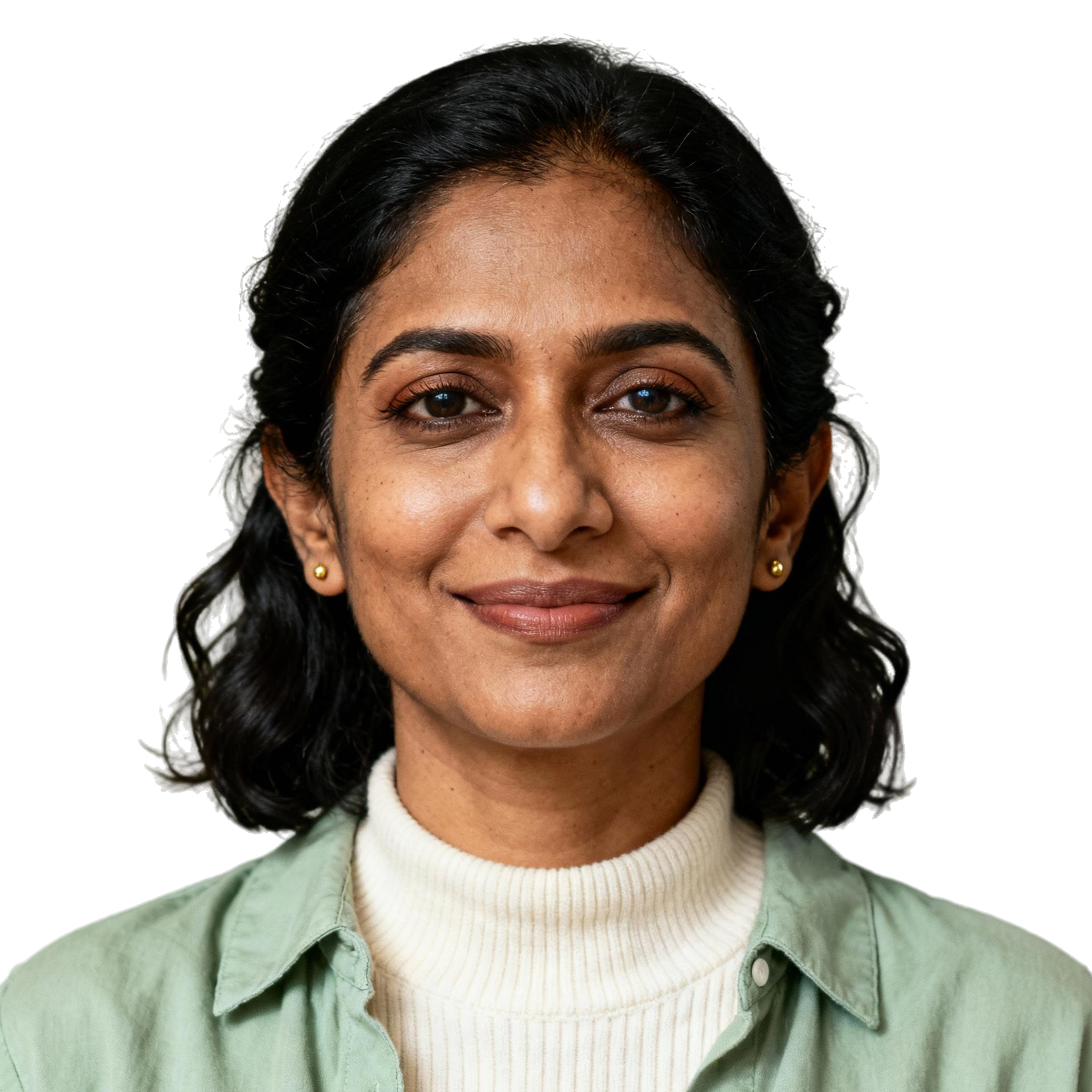 AI-generated portrait of a young woman with shoulder-length dark hair, wearing a light jacket over a ribbed top, posed with a soft smile against a transparent background in diffused daylight.