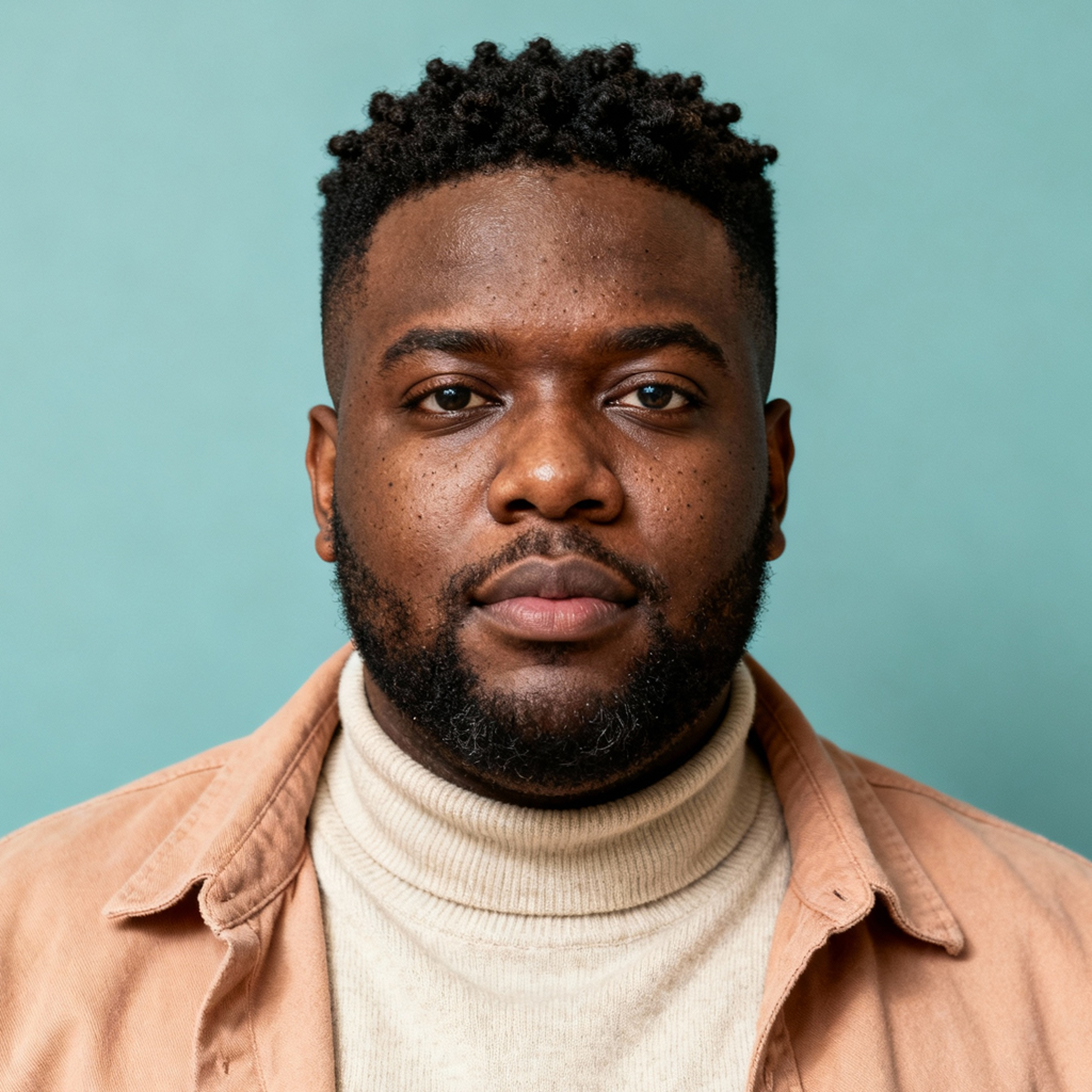 AI-generated portrait of a young man with short textured hair and a trimmed beard, wearing a layered jacket over a turtleneck, posed with a neutral expression against a muted teal background in soft diffused light.