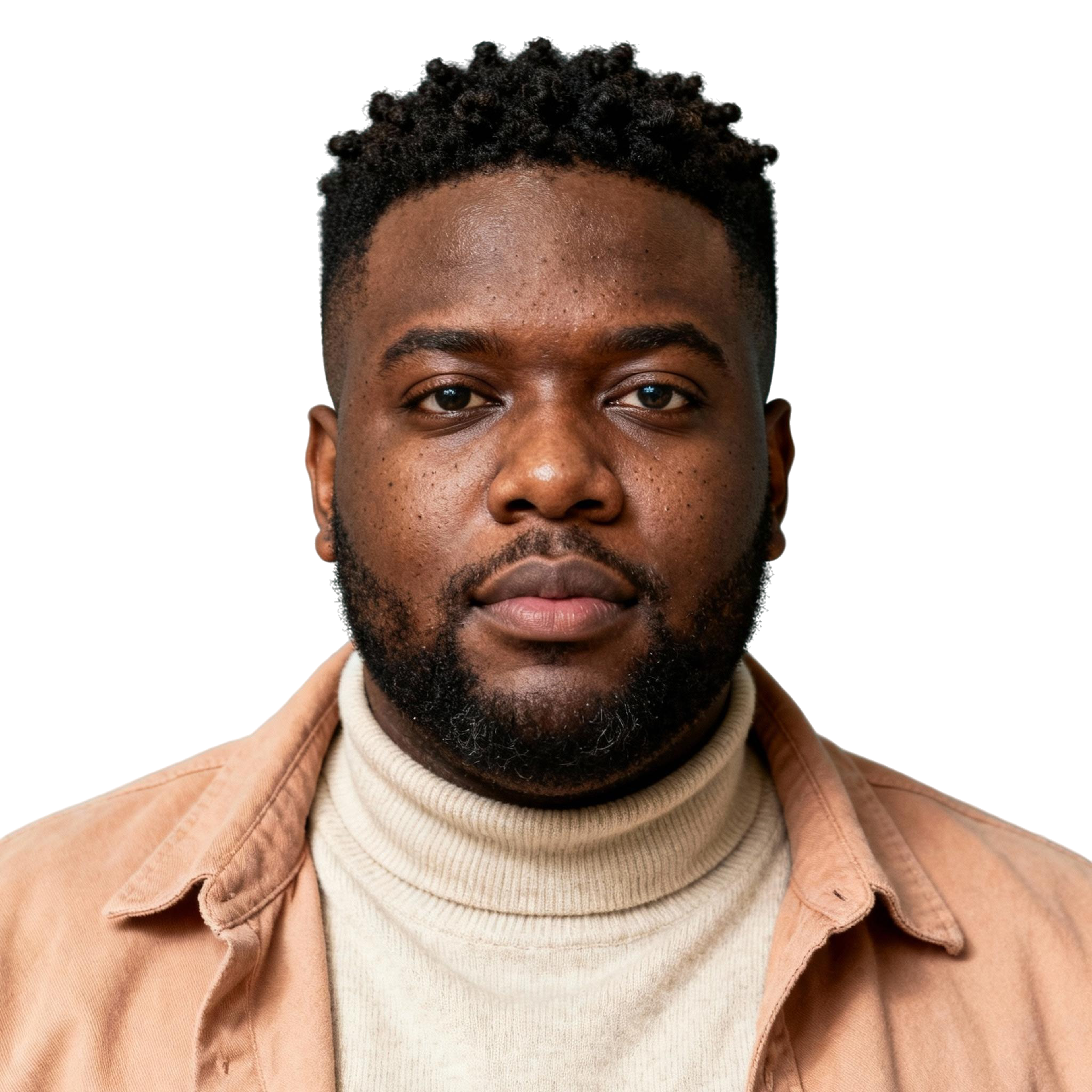 AI-generated portrait of a young man with short textured hair and a trimmed beard, wearing a layered jacket over a turtleneck, posed with a neutral expression against a transparent background in soft diffused light.