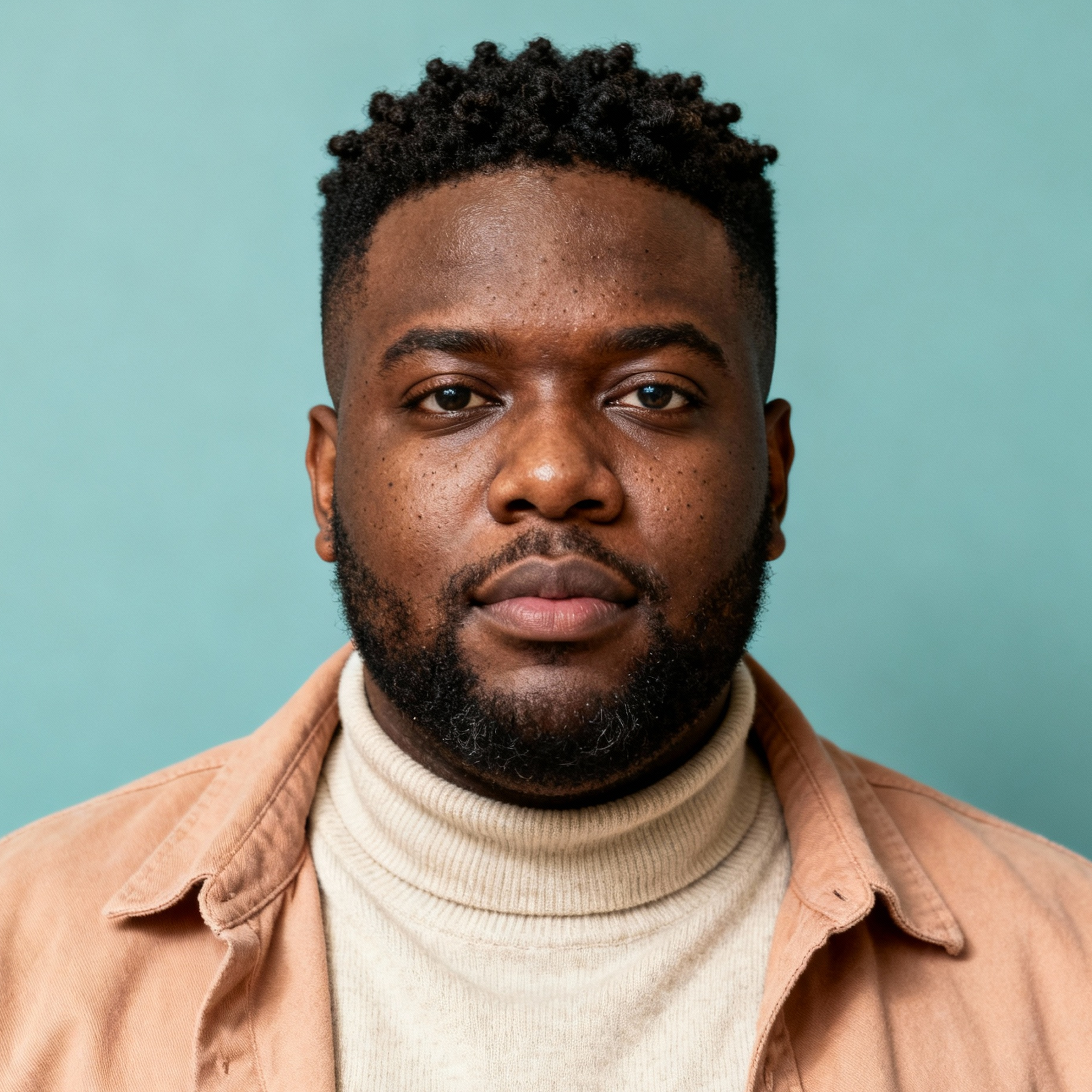 AI-generated portrait of a young man with short textured hair and a trimmed beard, wearing a layered jacket over a turtleneck, posed with a neutral expression against a muted teal background in soft diffused light.