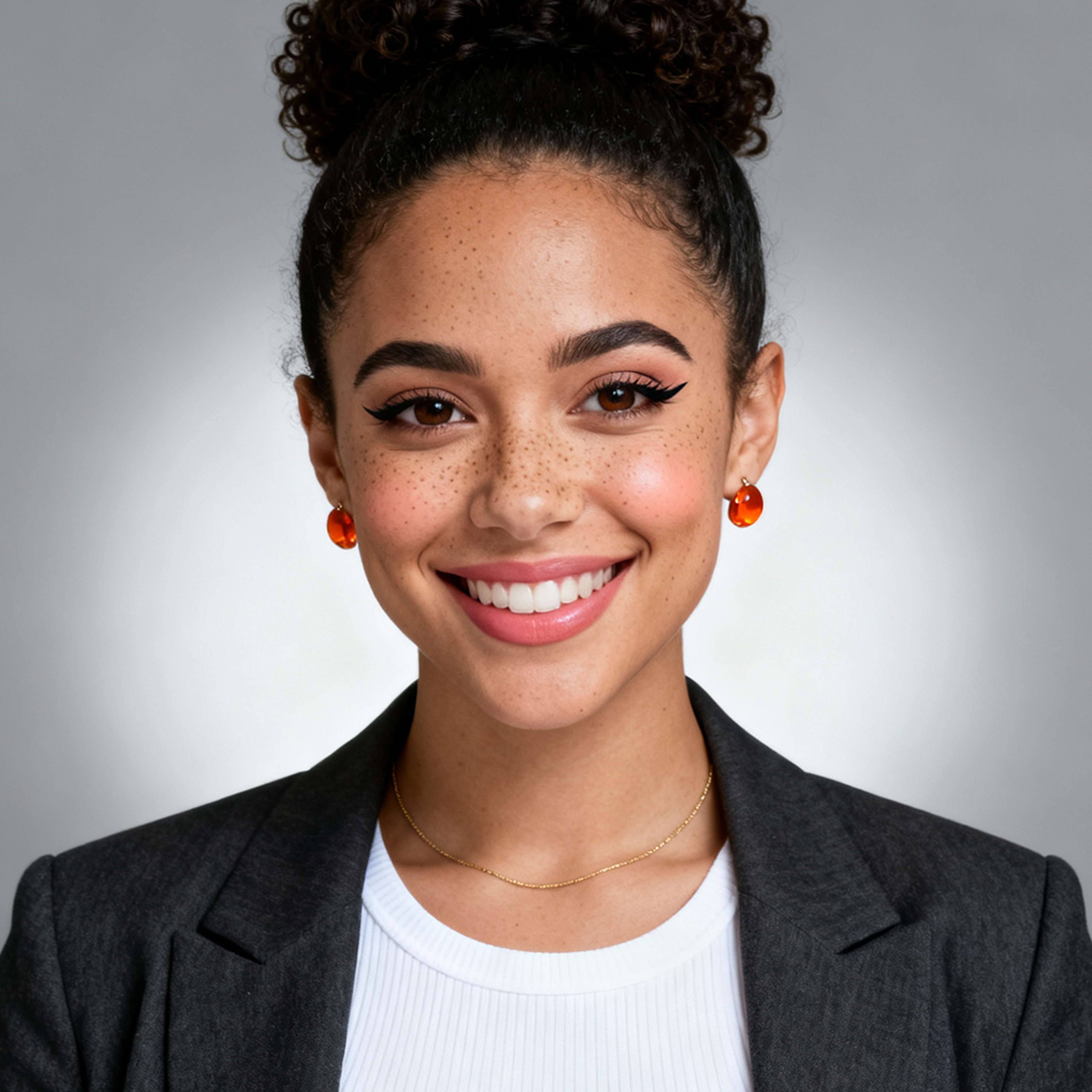 AI-generated portrait of a young woman with curly hair styled up and defined eyebrows, wearing a blazer and earrings, posed with a friendly smile against a soft gray background in clean studio lighting.