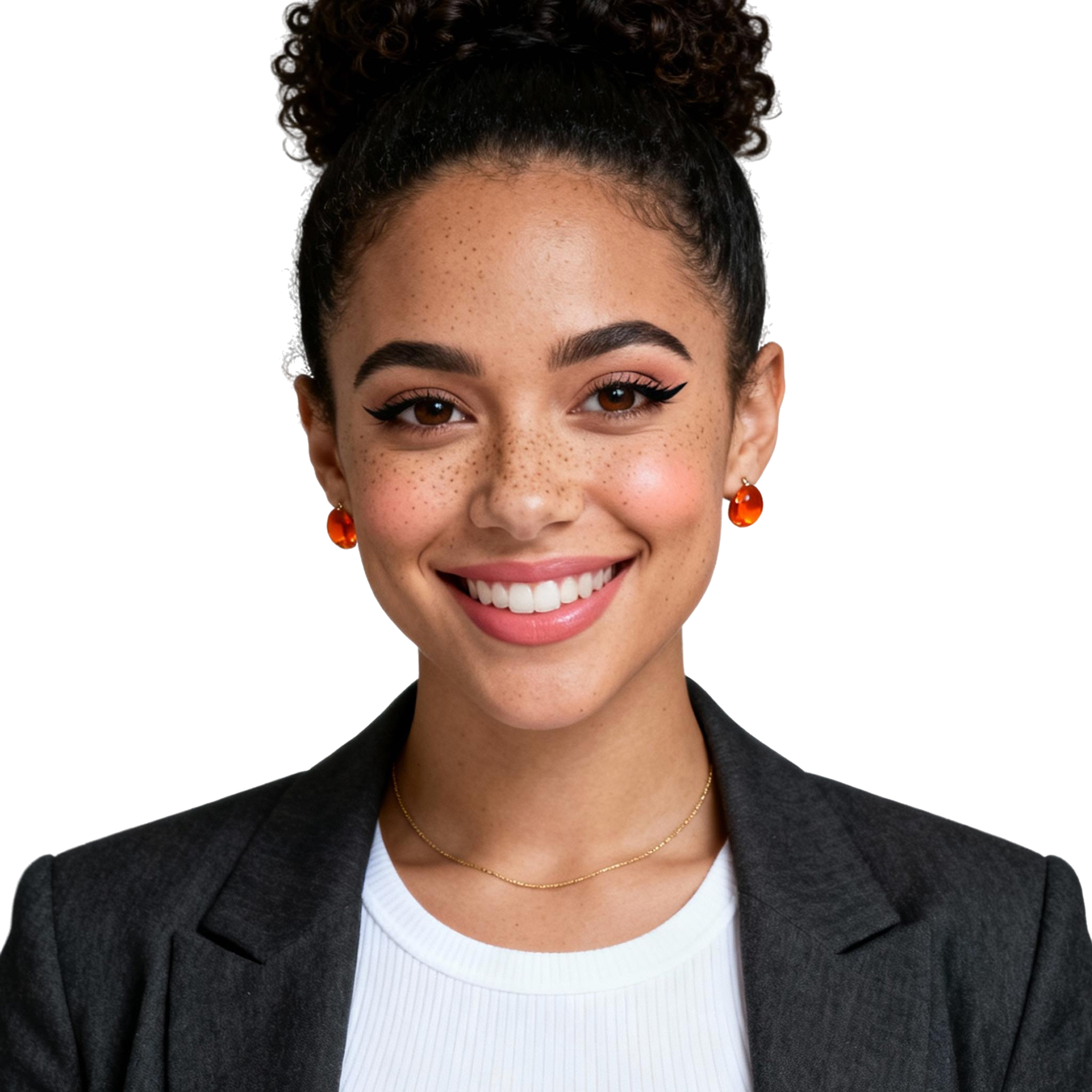 AI-generated portrait of a young woman with curly hair styled up and defined eyebrows, wearing a blazer and earrings, posed with a friendly smile against a transparent background in clean studio lighting.