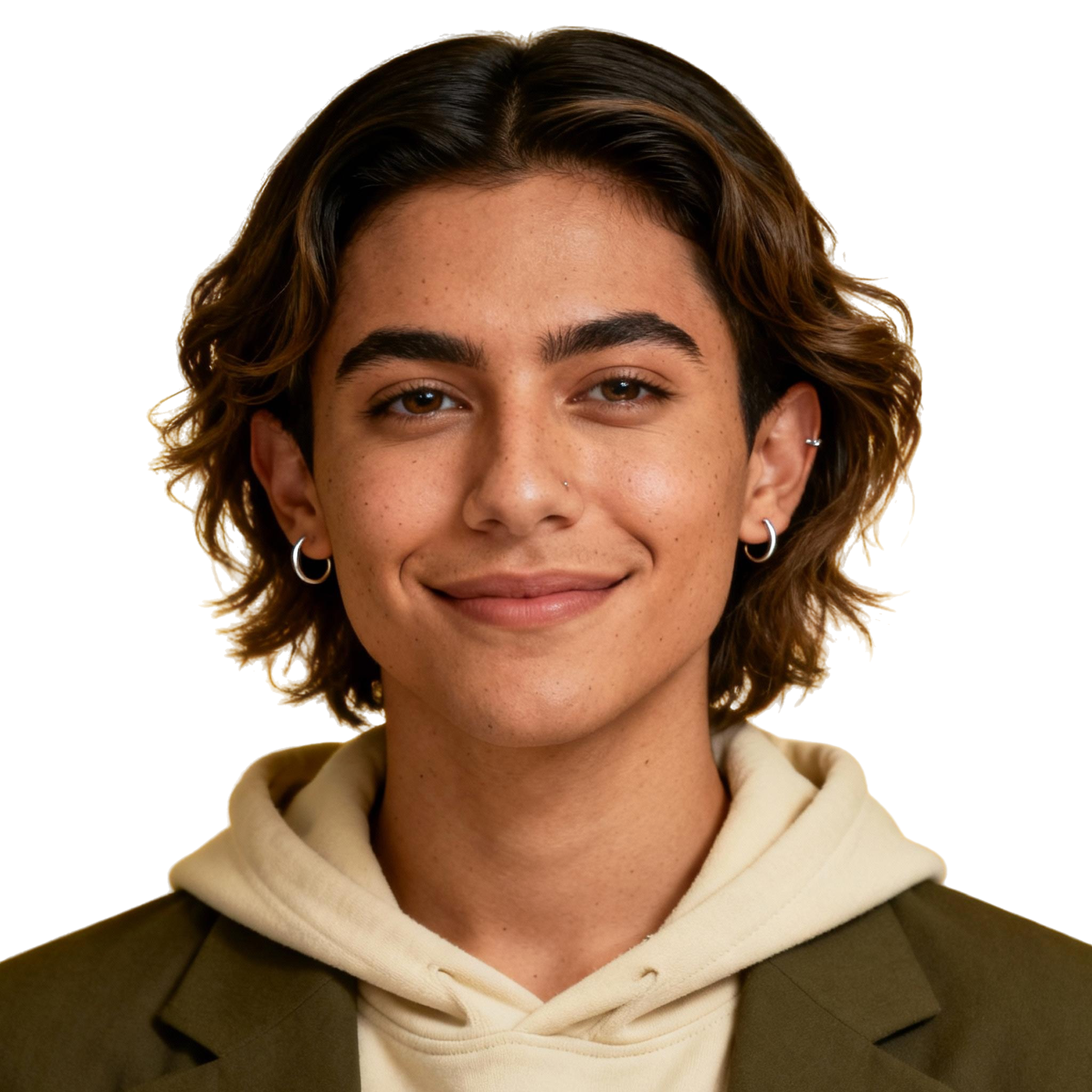 AI-generated portrait of a young person with short wavy hair and natural features, wearing a hoodie layered under a blazer, posed with a calm smile against a transparent background in clean studio lighting.