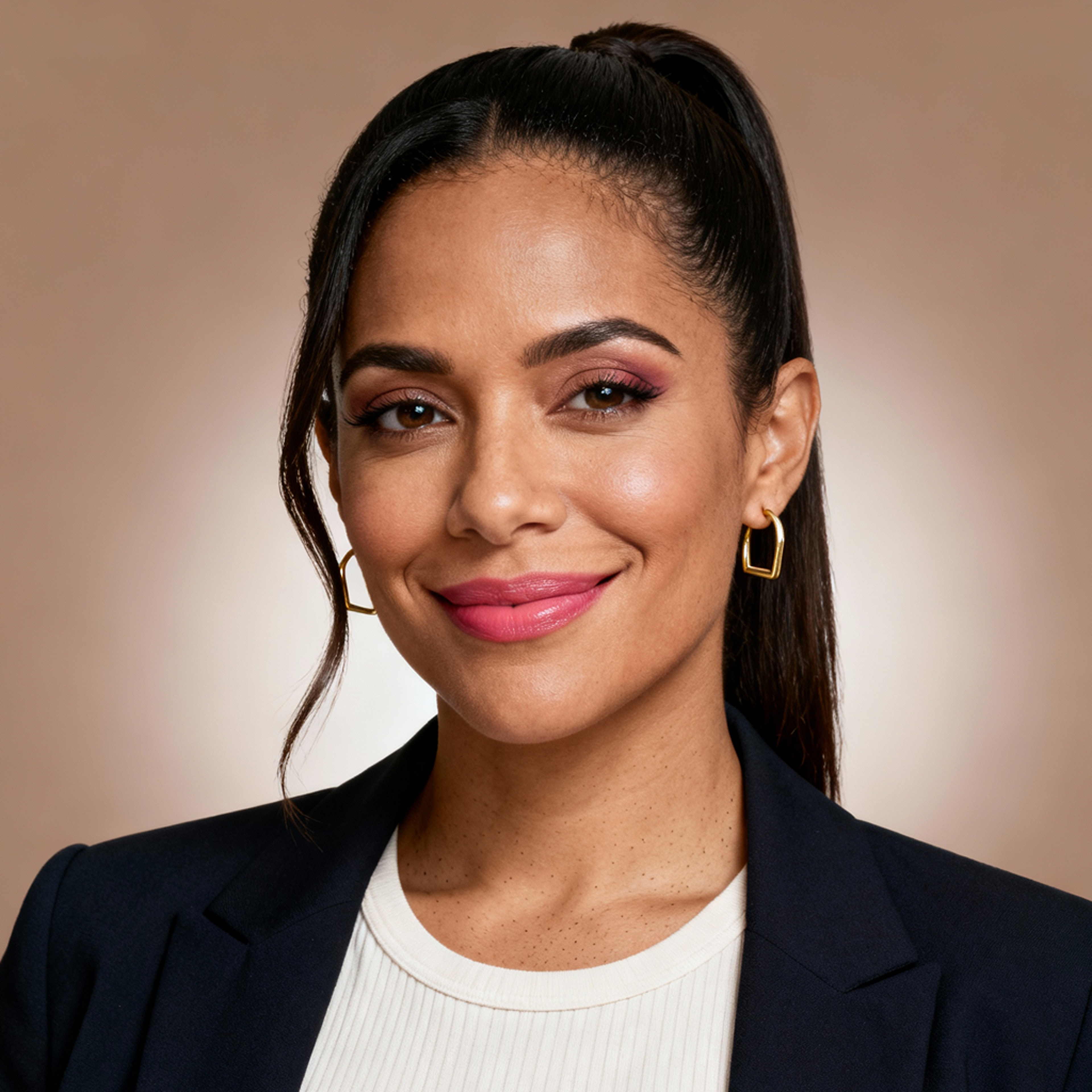 AI-generated portrait of a young woman with long hair pulled back and defined features, wearing a blazer and light top, posed with a warm smile against a neutral beige background in clean studio lighting.