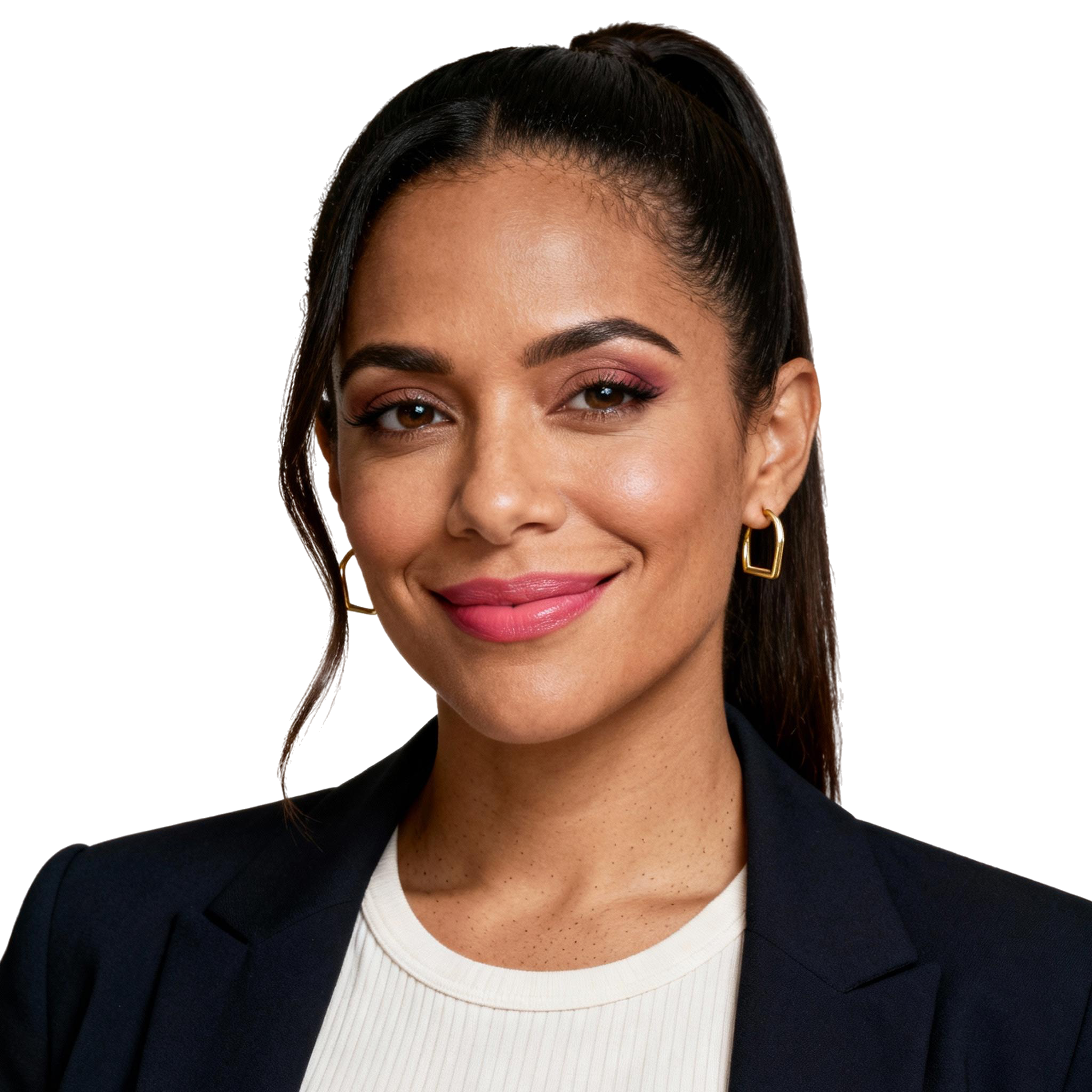AI-generated portrait of a young woman with long hair pulled back and defined features, wearing a blazer and light top, posed with a warm smile against a transparent background in clean studio lighting.