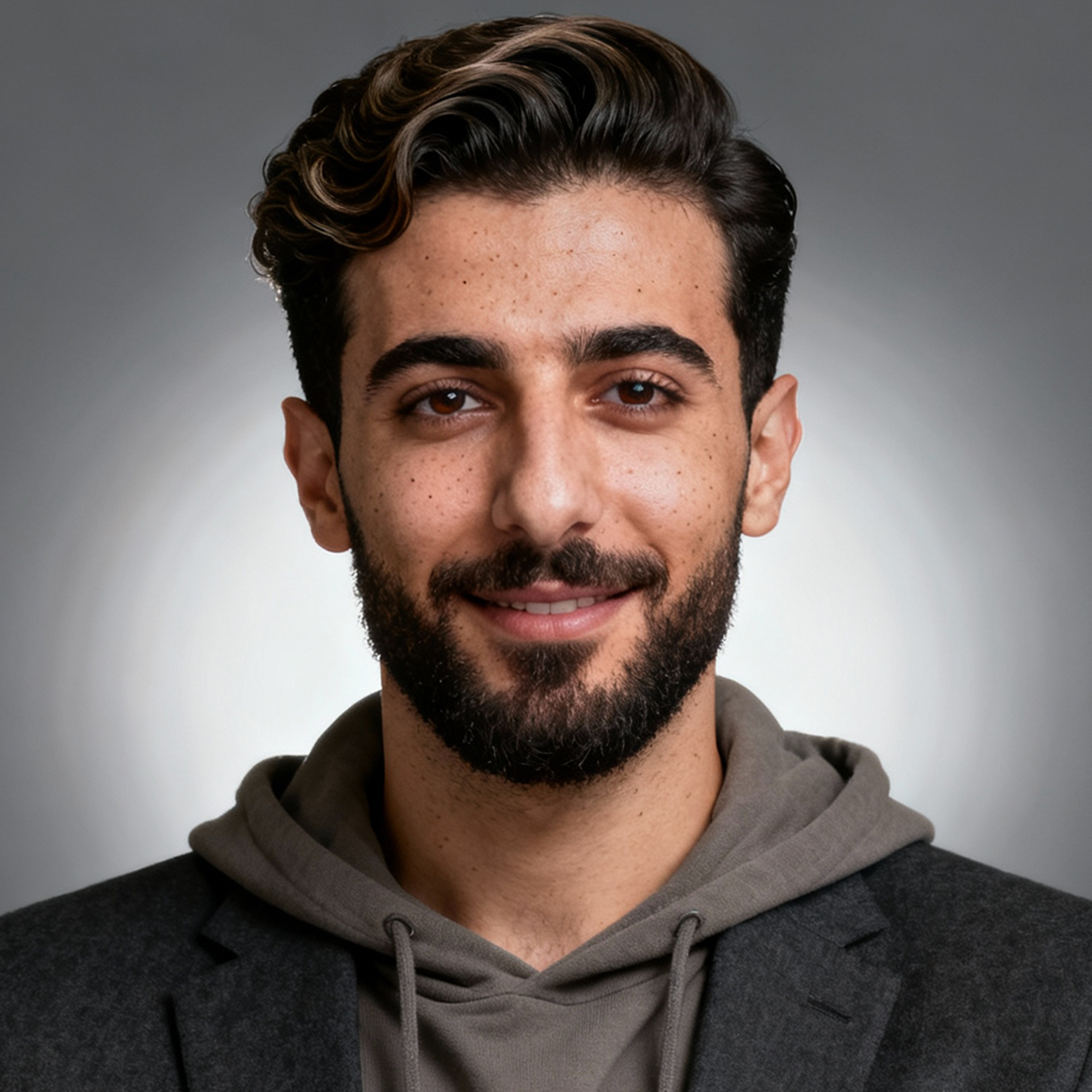 AI-generated portrait of a young man with short styled hair and a trimmed beard, wearing a hoodie under a blazer, posed with a gentle smile against a soft gray background in clean studio lighting.