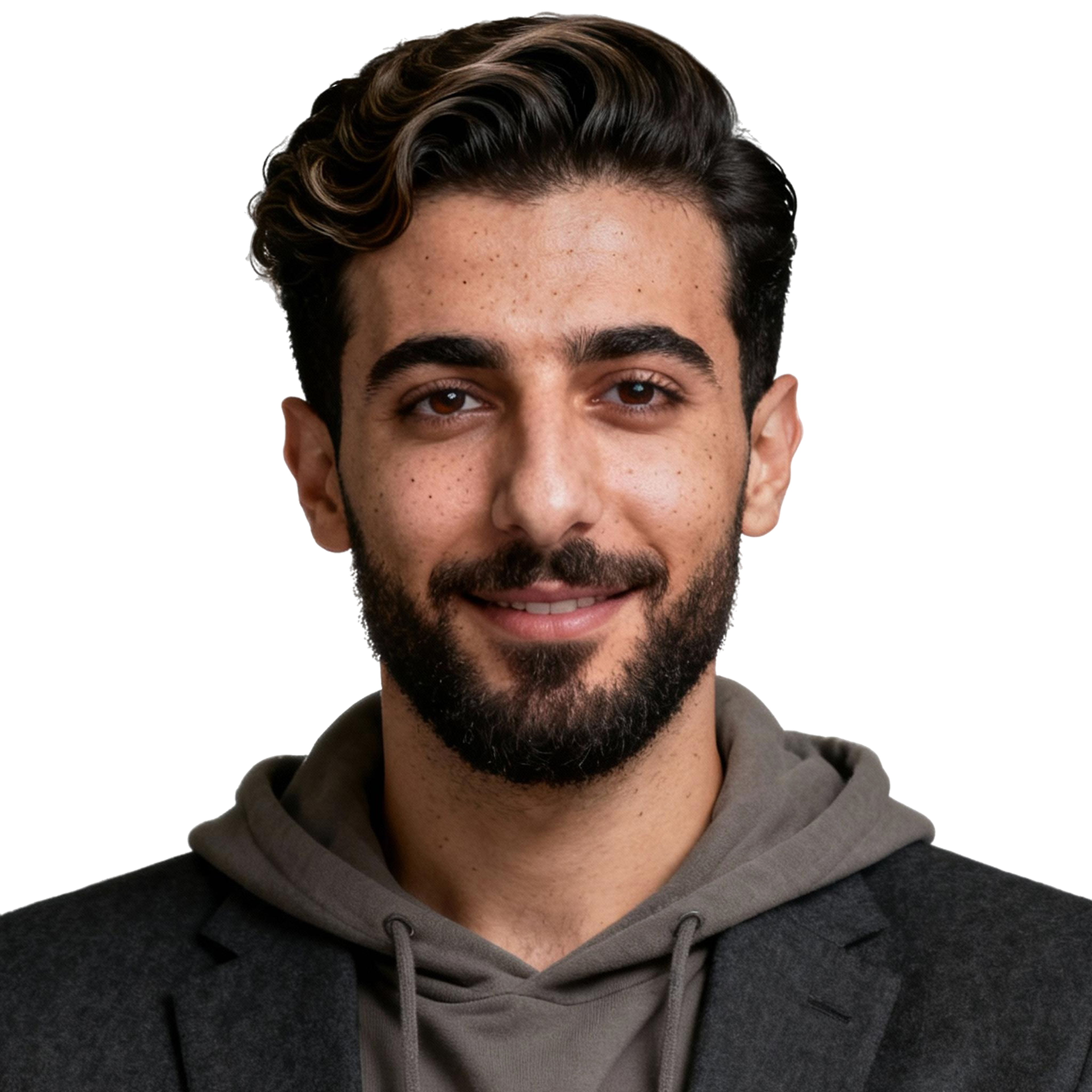 AI-generated portrait of a young man with short styled hair and a trimmed beard, wearing a hoodie under a blazer, posed with a gentle smile against a transparent background in clean studio lighting.