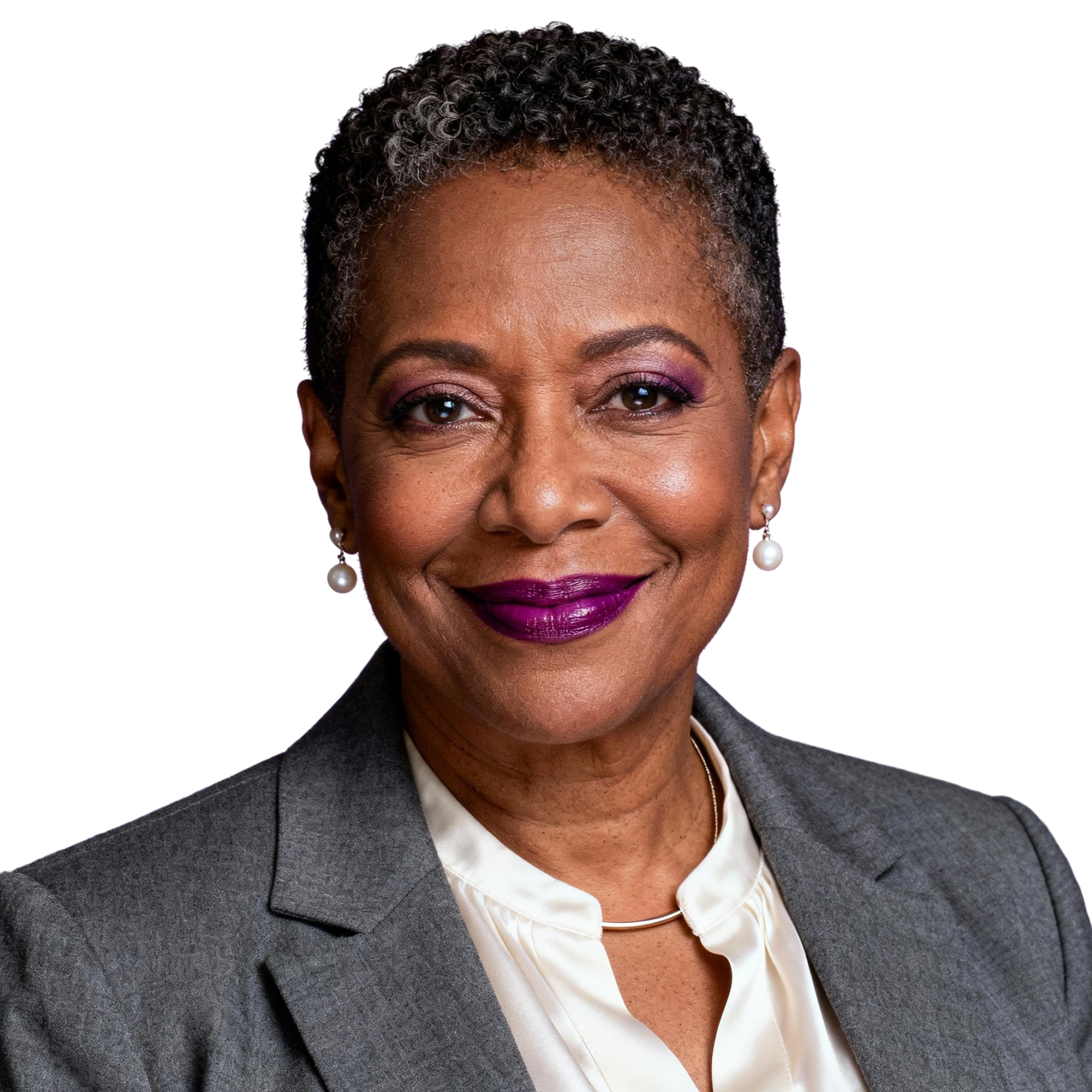 AI-generated portrait of a middle-aged woman with short cropped hair and defined features, wearing a blazer and blouse, posed with a warm smile against a transparent background in clean studio lighting.