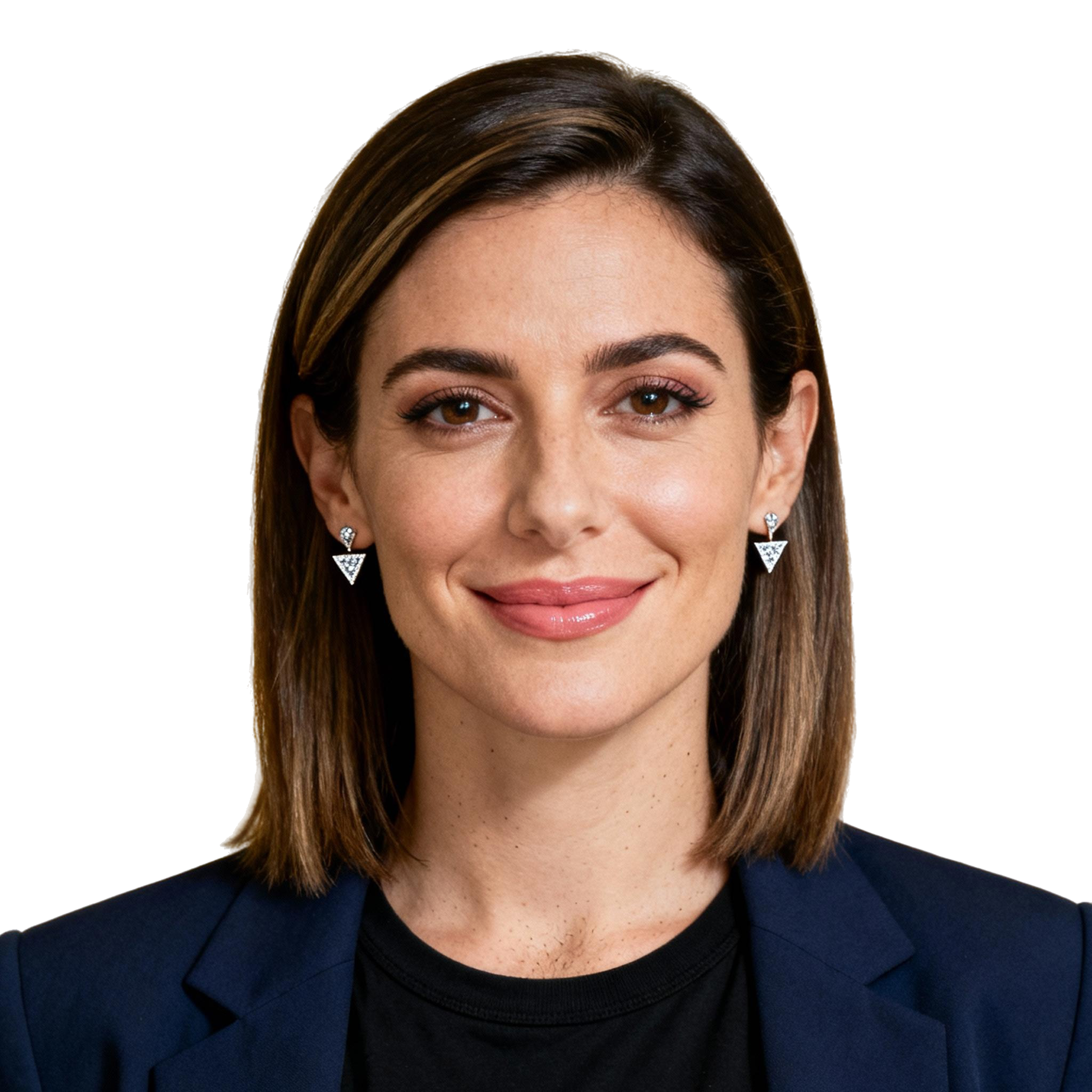 AI-generated portrait of a young woman with straight shoulder-length hair and defined brows, wearing a blazer and dark top, posed with a calm smile against a transparent background in clean studio lighting.