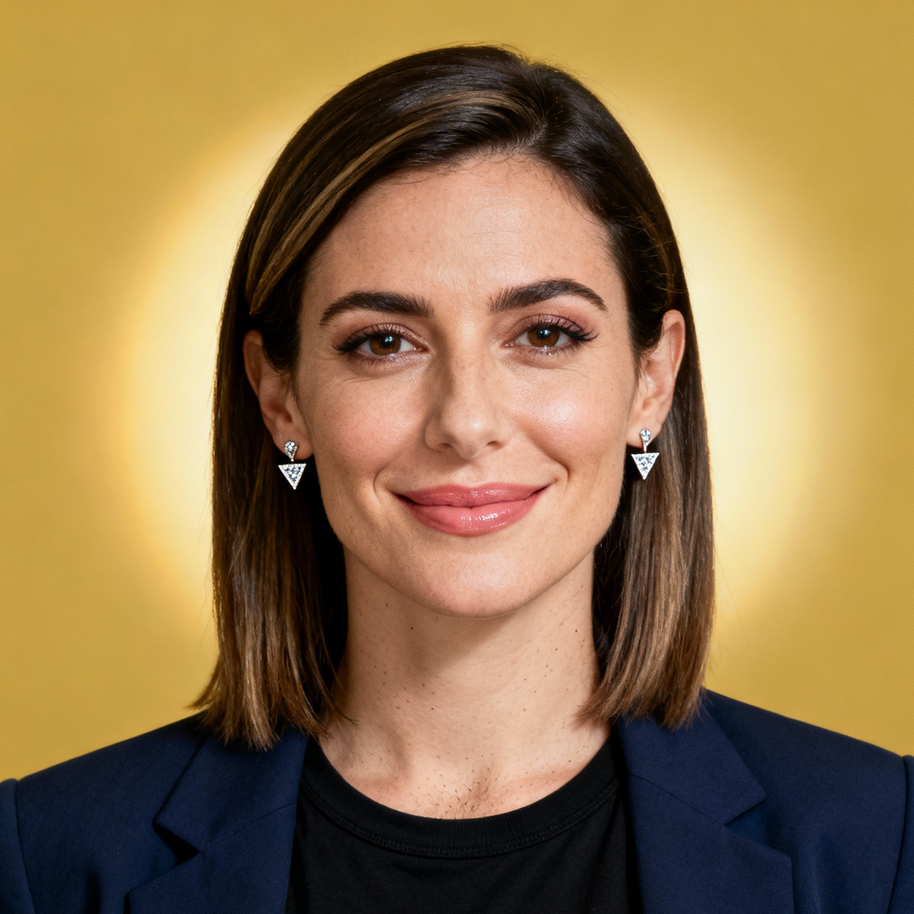 AI-generated portrait of a young woman with straight shoulder-length hair and defined brows, wearing a blazer and dark top, posed with a calm smile against a yellow background in clean studio lighting.