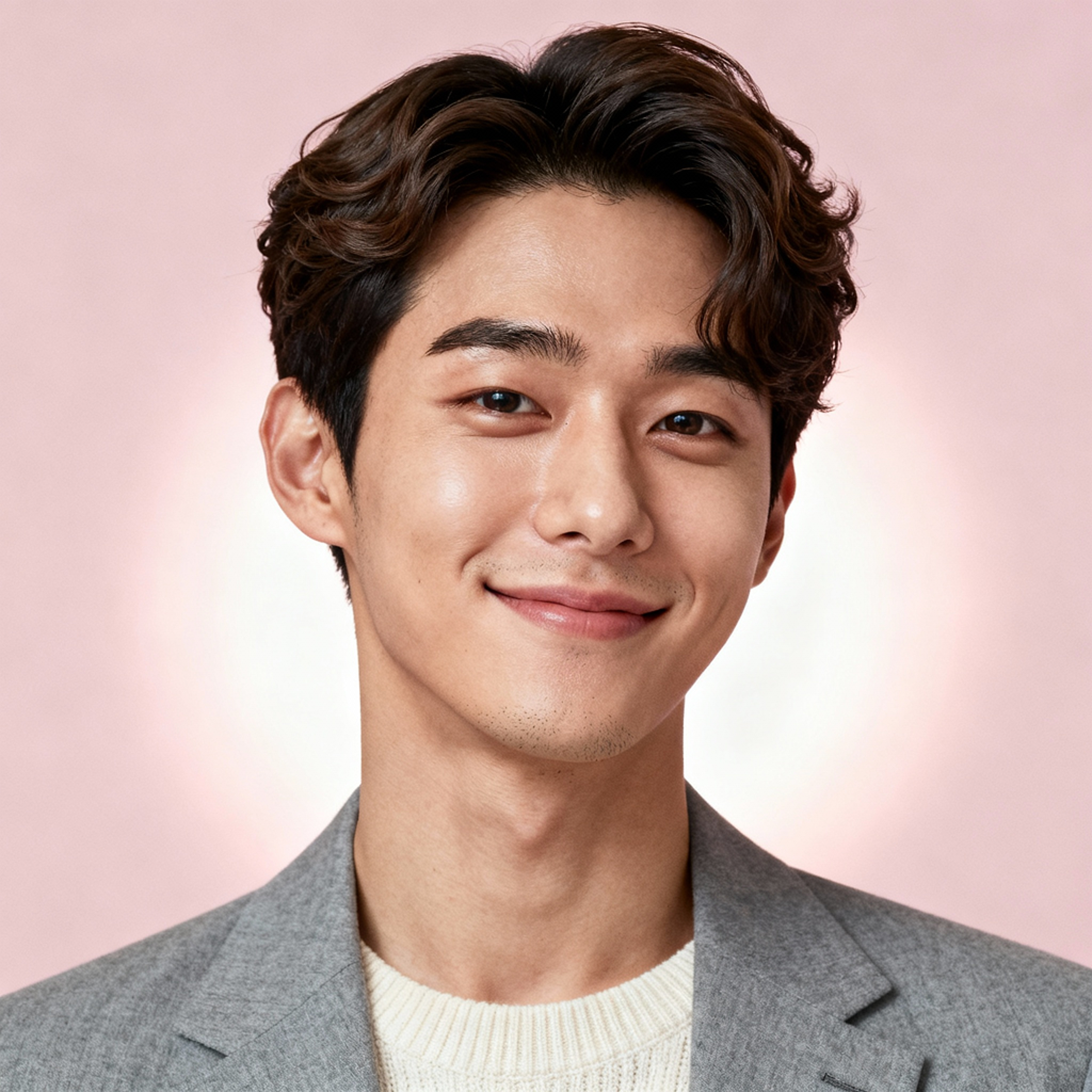 AI-generated portrait of a young man with wavy styled hair and soft features, wearing a blazer over a light sweater, posed with a gentle smile against a pink background in clean studio lighting.