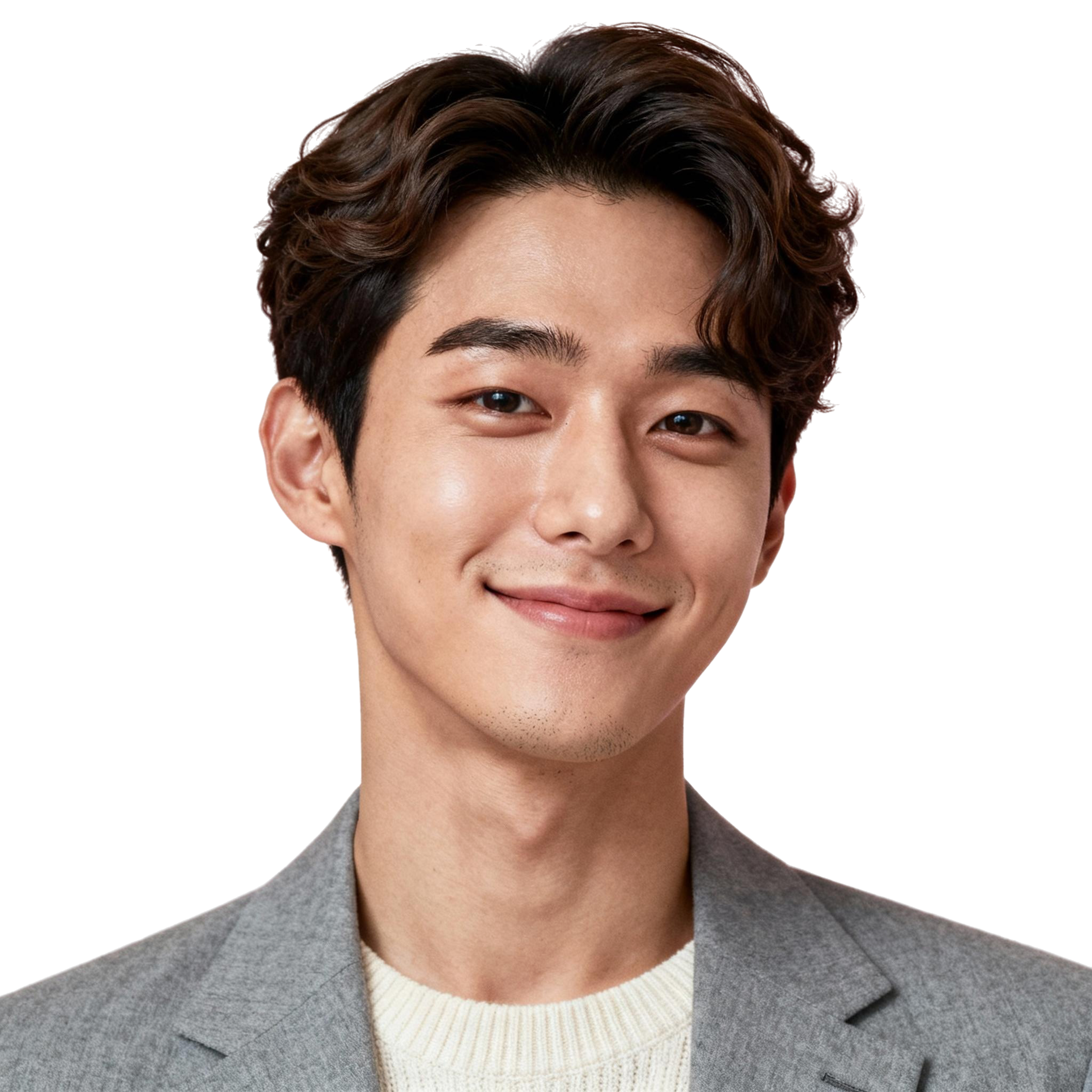 AI-generated portrait of a young man with wavy styled hair and soft features, wearing a blazer over a light sweater, posed with a gentle smile against a transparent background in clean studio lighting.