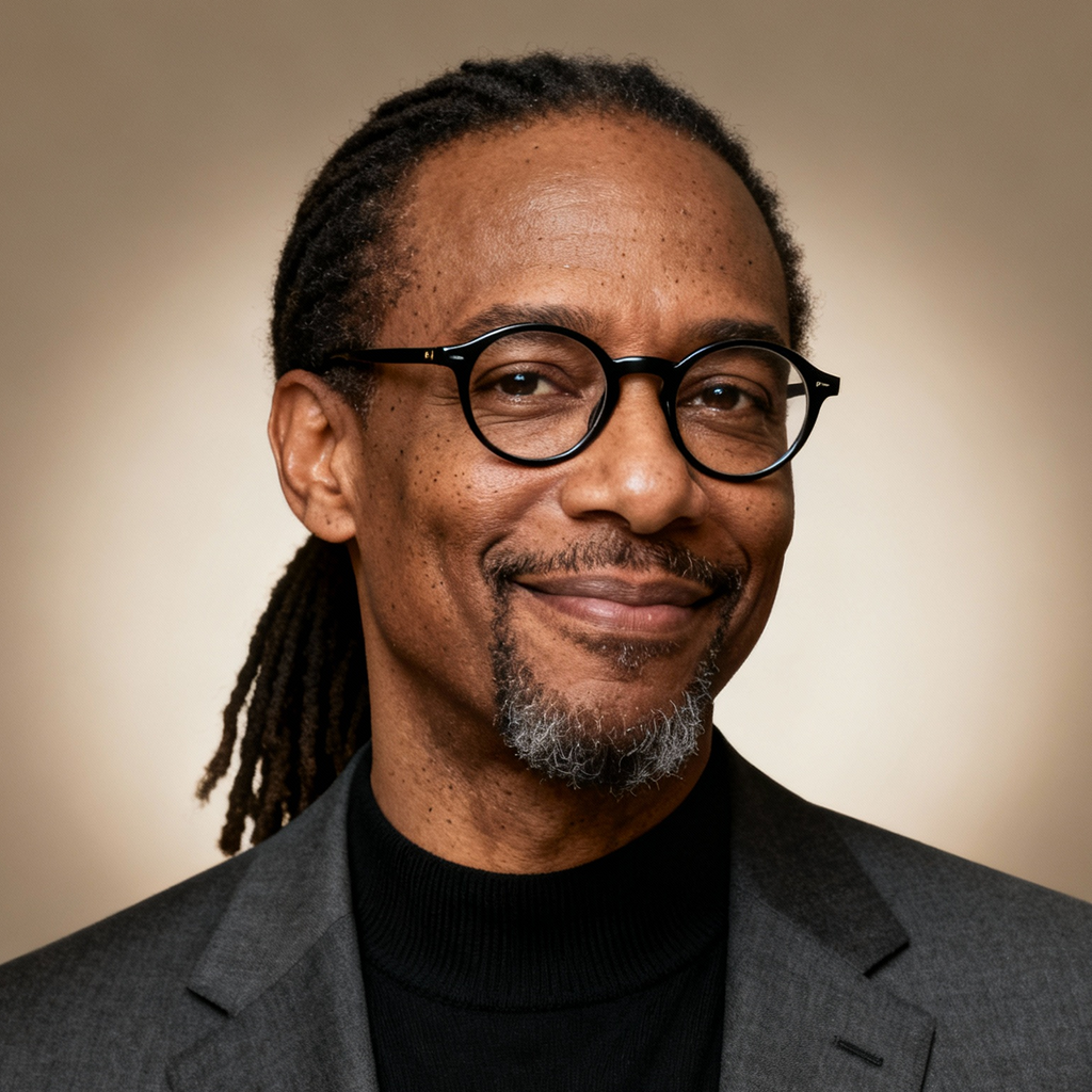 AI-generated portrait of a middle-aged man with long locs pulled back, round glasses, and a short goatee, wearing a blazer over a dark top, posed with a gentle smile against a warm neutral background in clean studio lighting.