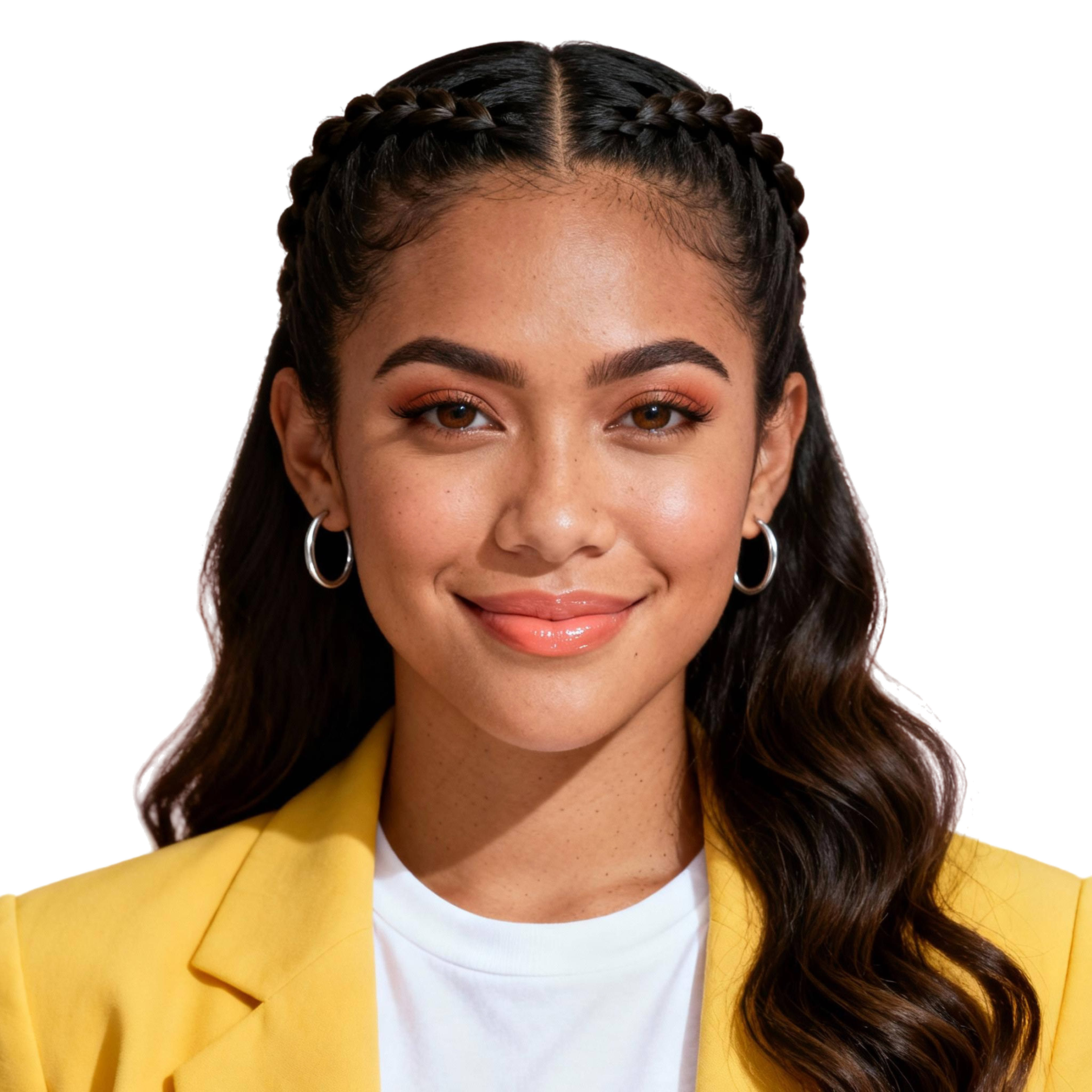 AI-generated portrait of a young woman with long wavy hair and braided sections, wearing a yellow blazer over a white top, posed with a confident smile against a transparent background in clean studio lighting.