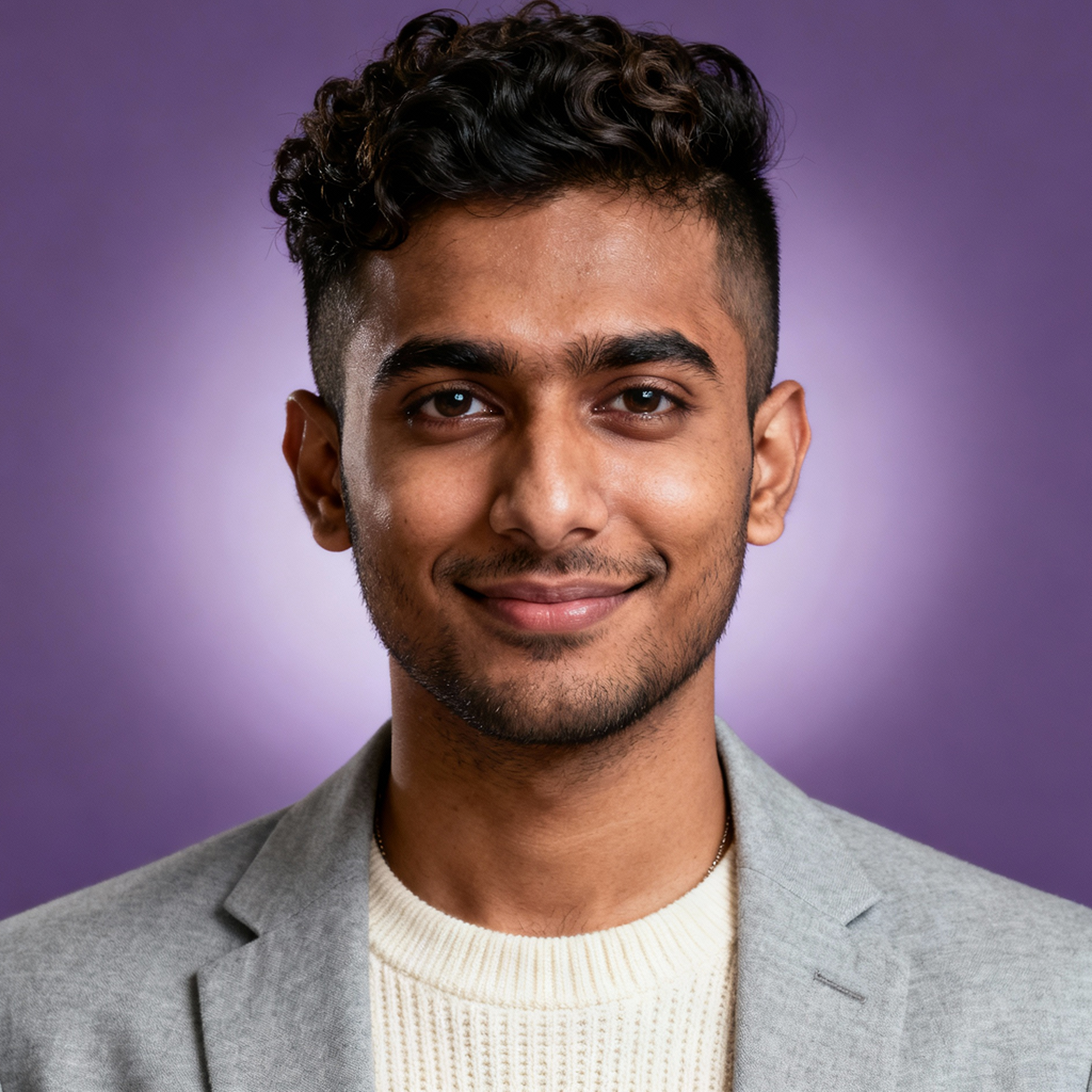 AI-generated portrait of a young man with short curly hair and light facial hair, wearing a blazer over a knit top, posed with a subtle smile against a purple background in clean studio lighting.