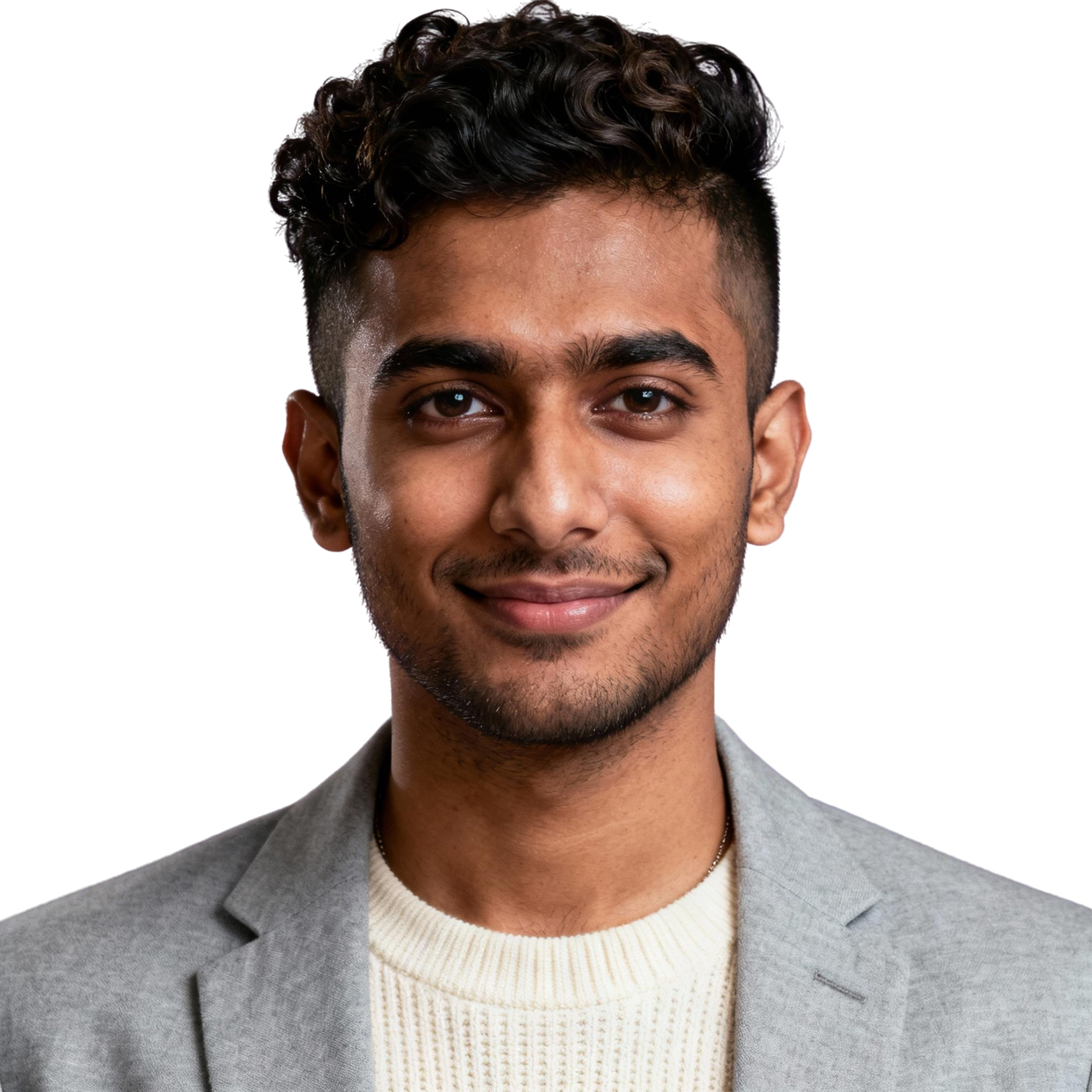 AI-generated portrait of a young man with short curly hair and light facial hair, wearing a blazer over a knit top, posed with a subtle smile against a transparent background in clean studio lighting.