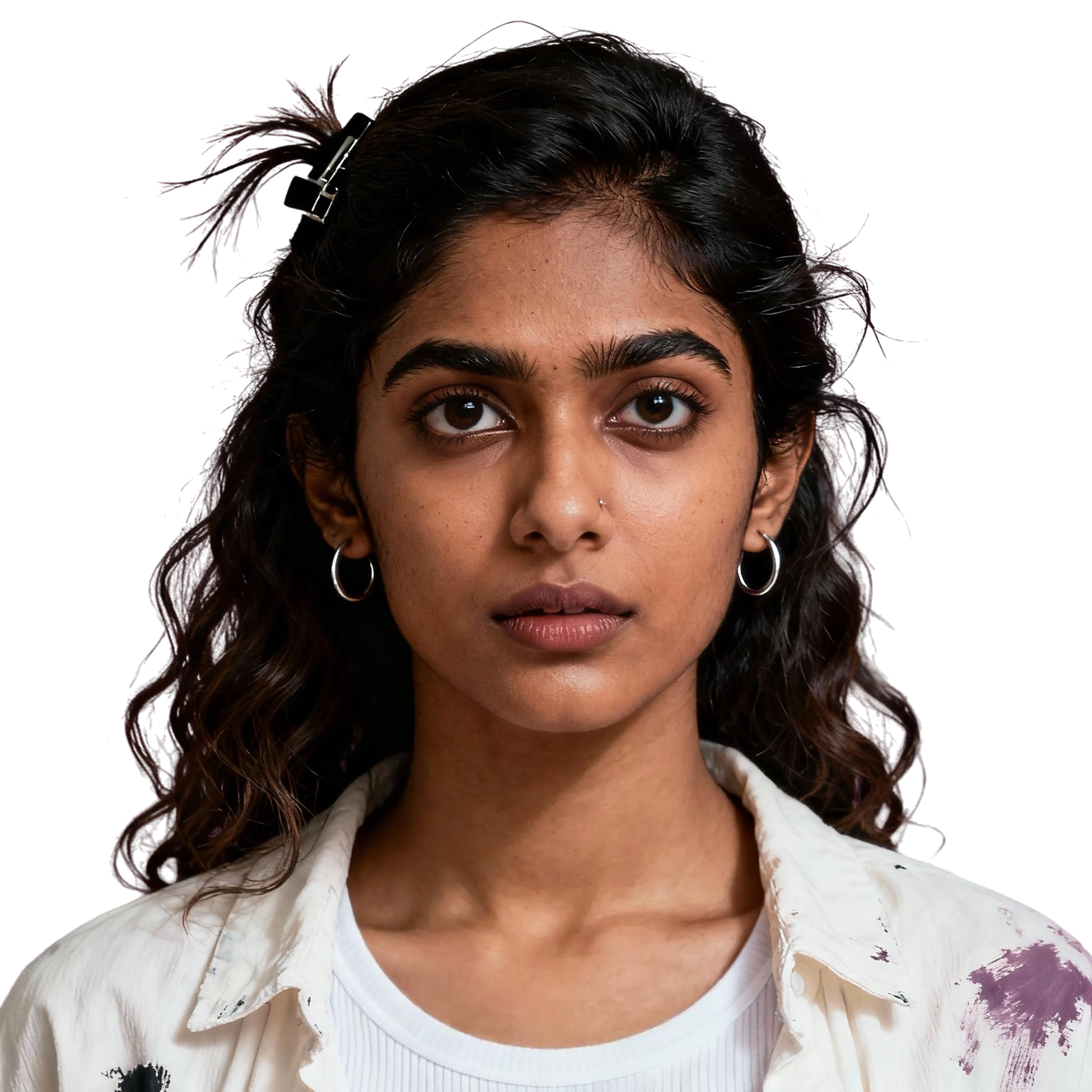 AI-generated portrait of a young woman with long dark hair pulled back and natural features, wearing a light jacket with paint marks, posed with a neutral expression against a transparent background in warm studio light.
