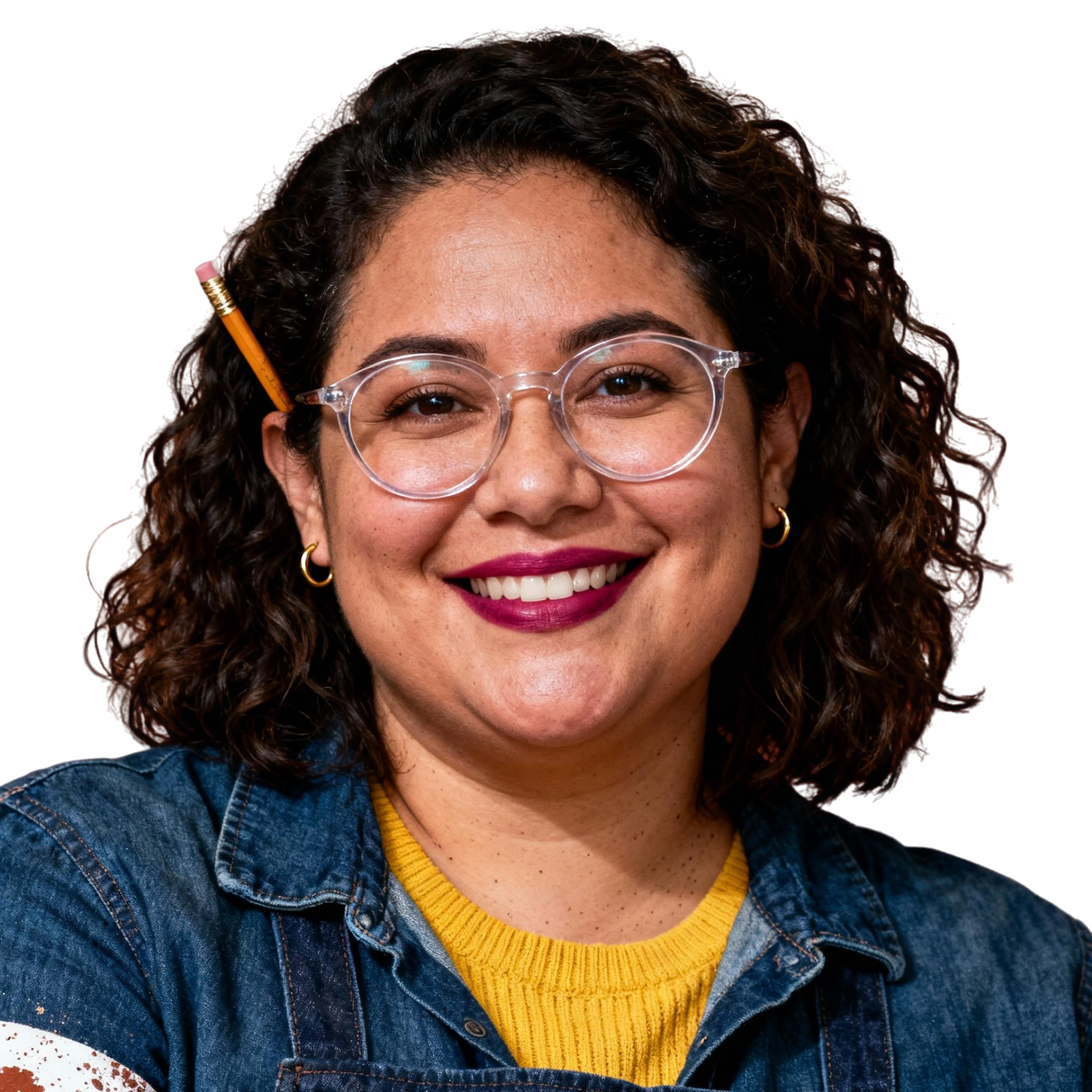 AI-generated portrait of a middle-aged woman with curly hair and glasses, wearing layered casual clothing, posed with a smiling expression against a transparent background in soft studio light.